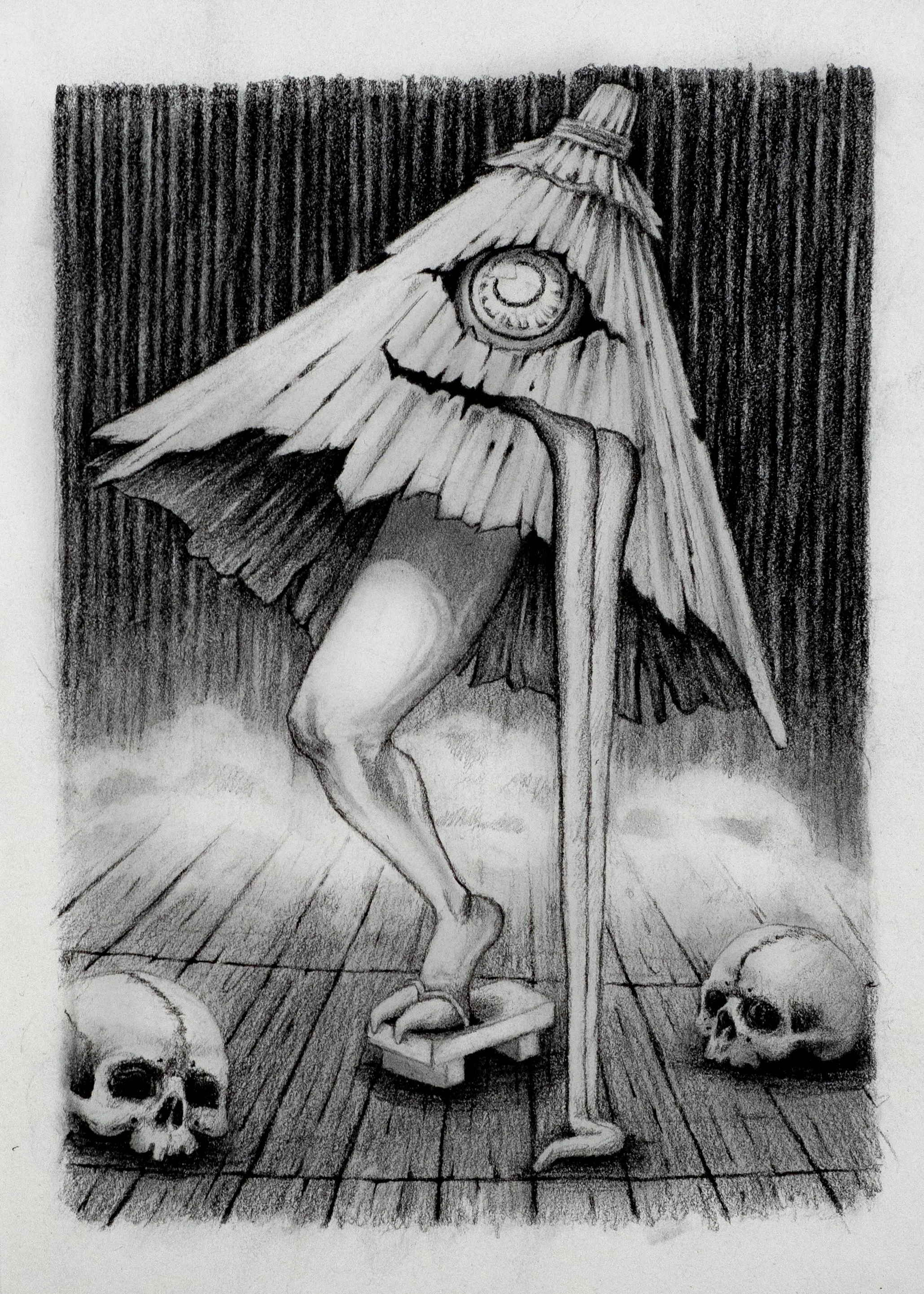 A drawing of a humanoid figure with a bird skull for a head, standing on a platform with one leg raised, surrounded by three skulls on the floor, dark wooden flooring, and a dark, textured background.
