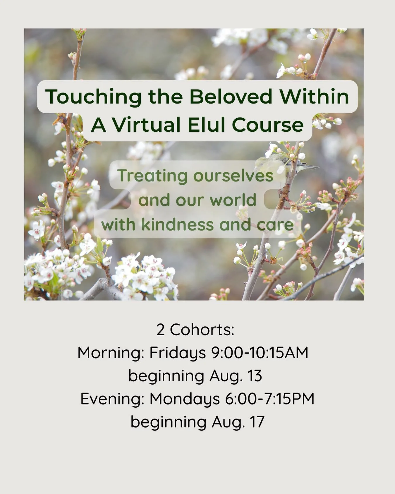 Touching the Beloved Within &ndash; An Elul Course
&nbsp;
What is the opportunity of seeing ourselves as the Beloved Divine Creator sees us? 
&nbsp;
Elul has begun, the month before Rosh Hashanah. During this month we look inside and take account of 