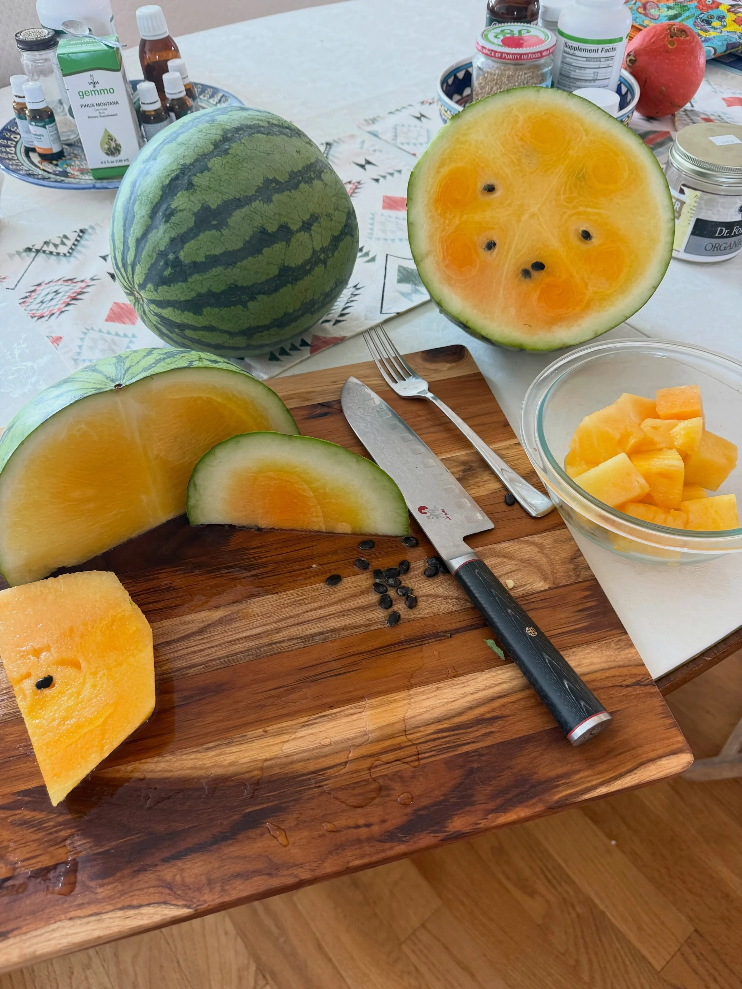Amazing harvest, these yellow watermelons. A gift from our garden. Shabbat Shalom.  #limitlessjudaism #rabbiinsneakers #organicgardening #earthcare