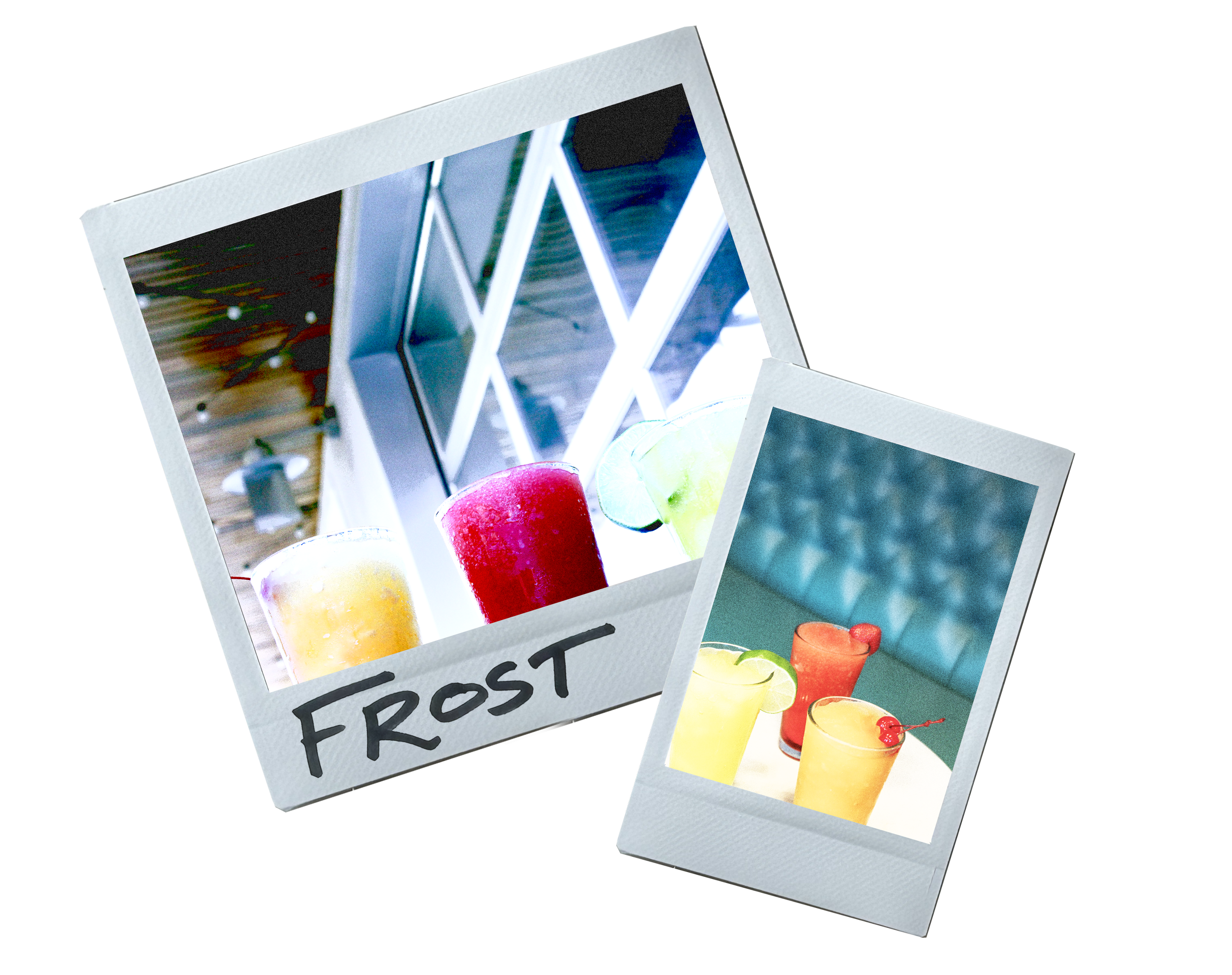 Photo collage with images of colorful frozen beverages garnished with fruit and a neon sign, labeled 'Frost'.