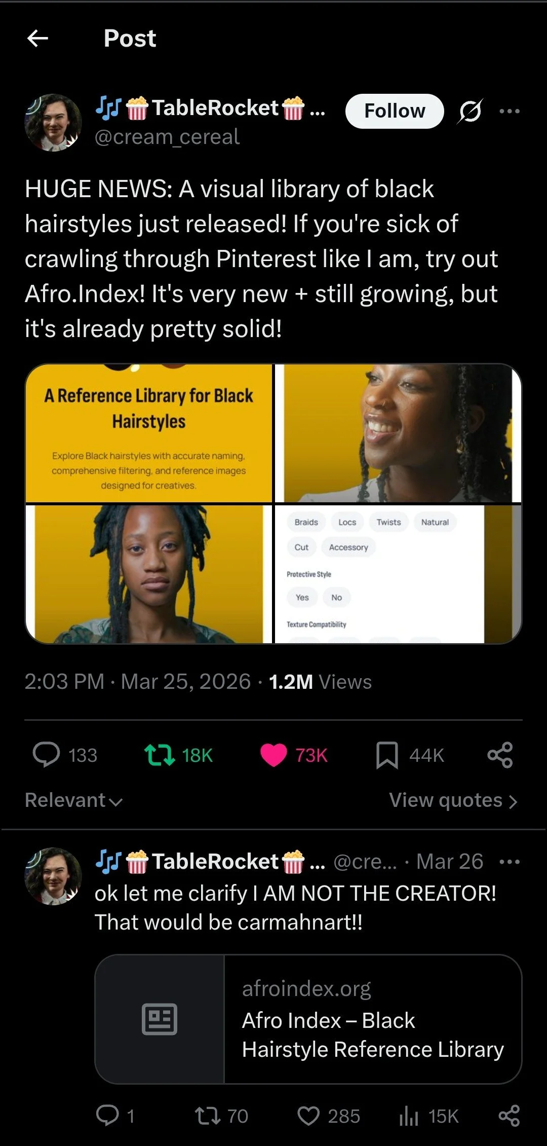 A user's (@cream_cereal) post about Afro Index on Twitter/X garnering 1M + views after sharing the project on their page.