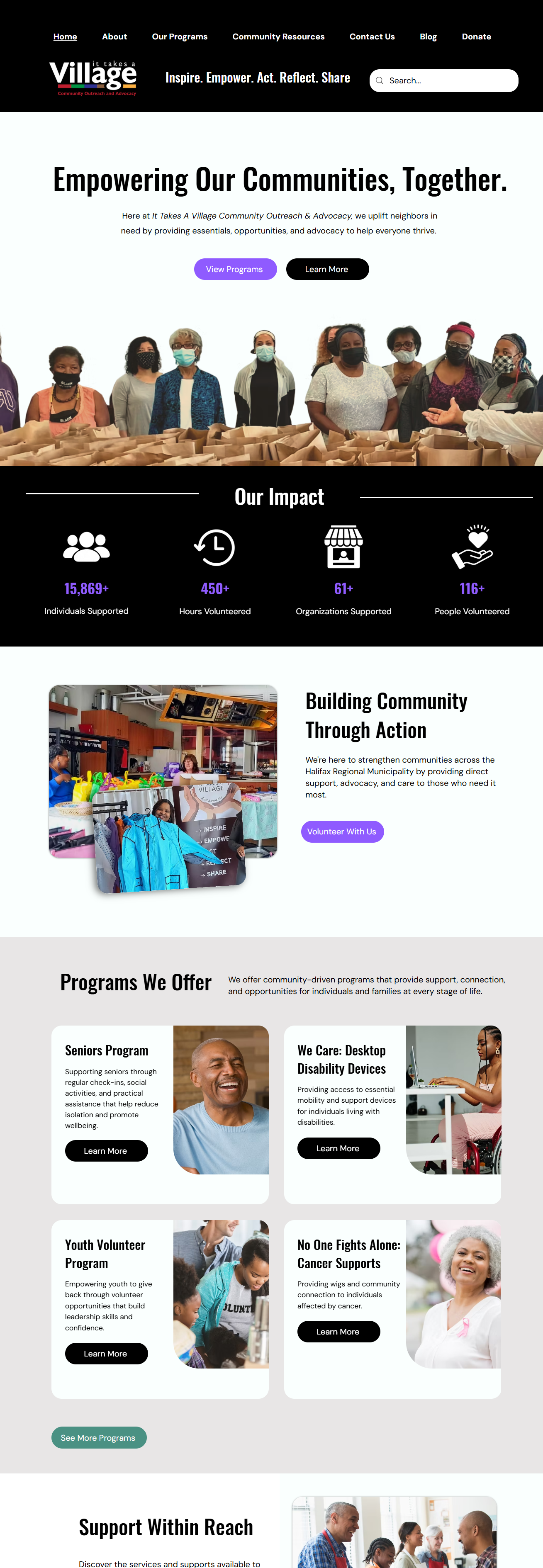 After: A visitor-focused homepage with clear messaging, highlighted community impact, and prominent calls to action guiding users toward programs and involvement.