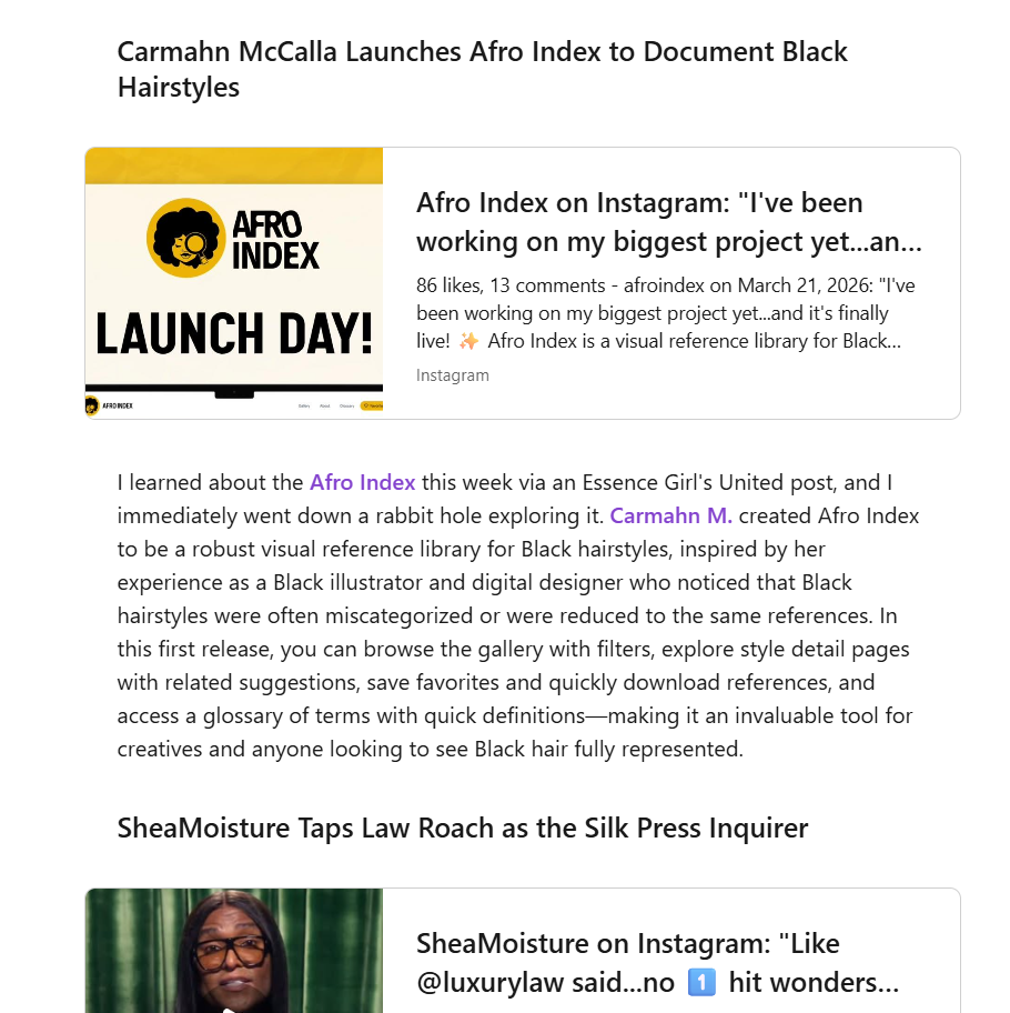 Olivia Hancock's LinkedIn newsletter 'The Hue Report' featuring Afro Index.