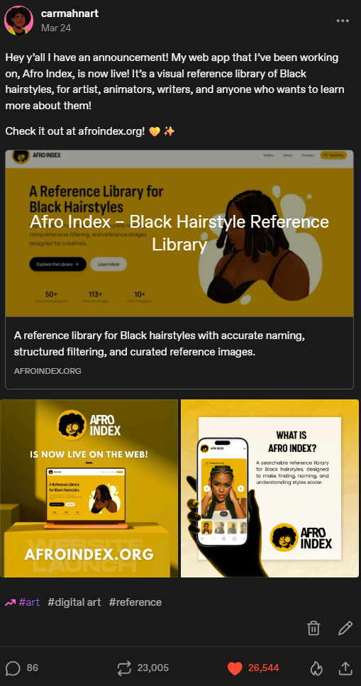 Tumblr post about Afro Index that went viral the day it was posted, spreading through the artists & writers creative community. 