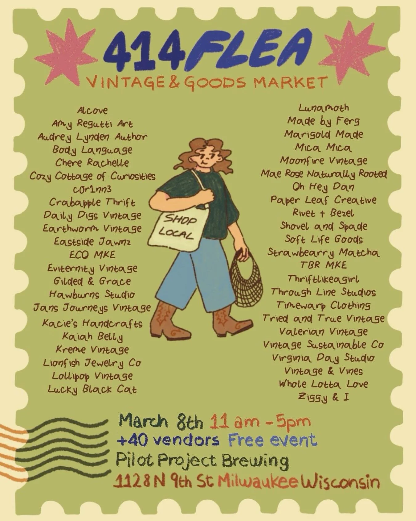 Mark your calendars, 414Flea is only one week away!! We have quite the incredible lineup <3

414Flea at Pilot Project Brewing March 8th | 11 AM &ndash; 5 PM 1128 N 9th St, Milwaukee, WI

414Flea is a Milwaukee-based market built around vintage fin