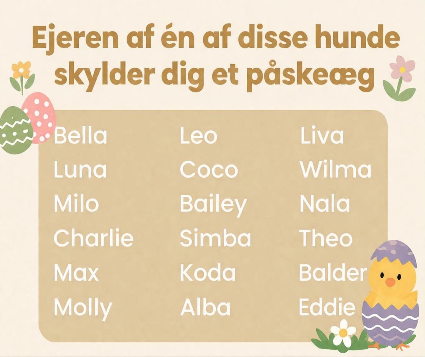 Vi &oslash;nsker jer nogle gode p&aring;skedage, b&aring;de til alle tobenet og firbenet🕺🏼🐶🐱🌼🐣🍀

Vi er tilbage igen p&aring; tirsdag d. 7 april, til at tage i mod jer💚💛 Skulle uheldet v&aelig;re ude kan I ringe p&aring; vores nummer og I vil