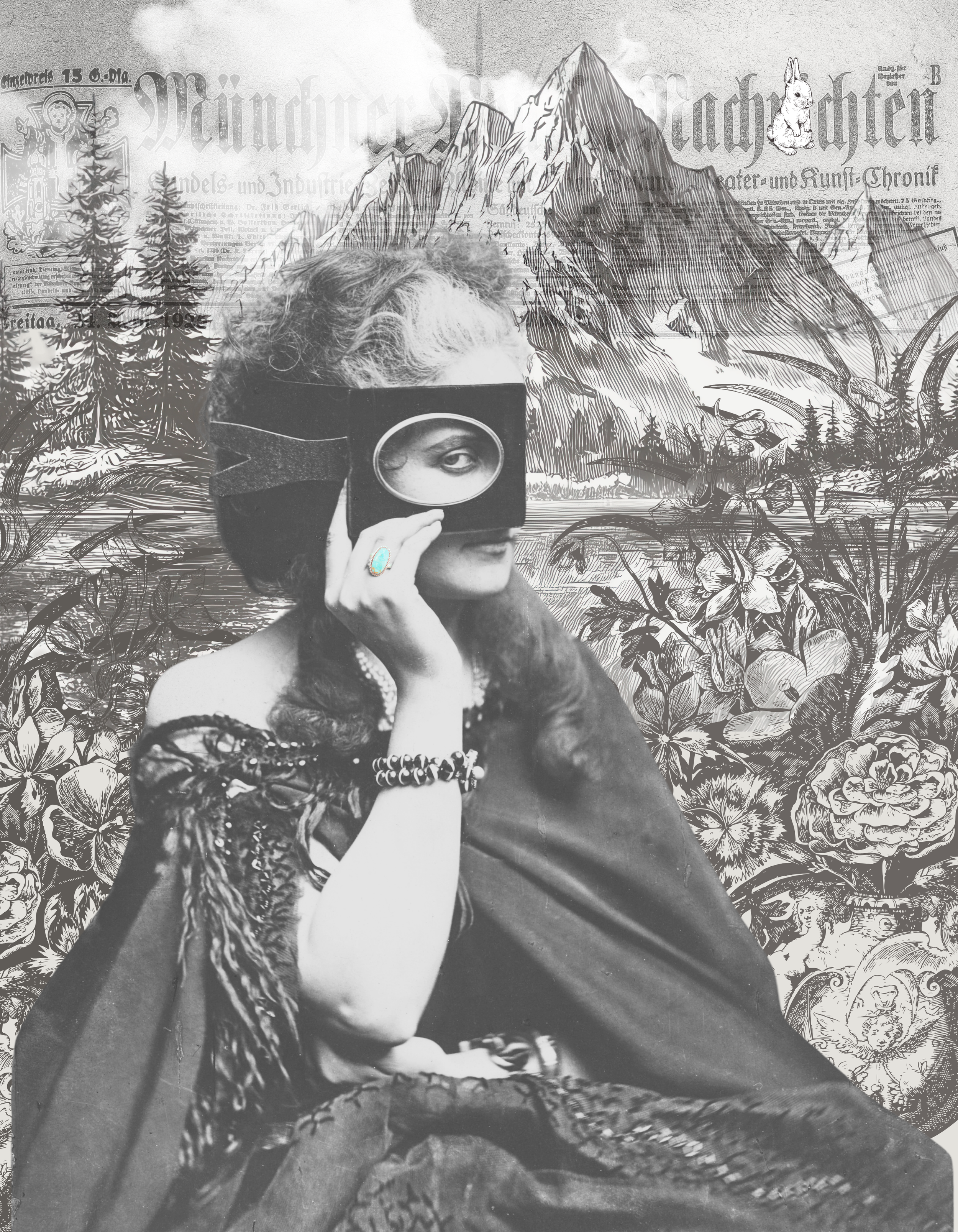 Black and white collage featuring a vintage woman holding a camera to her eye, mountain landscape with trees, flowers, a newspaper, and illustrations of a rabbit and other flora and fauna.