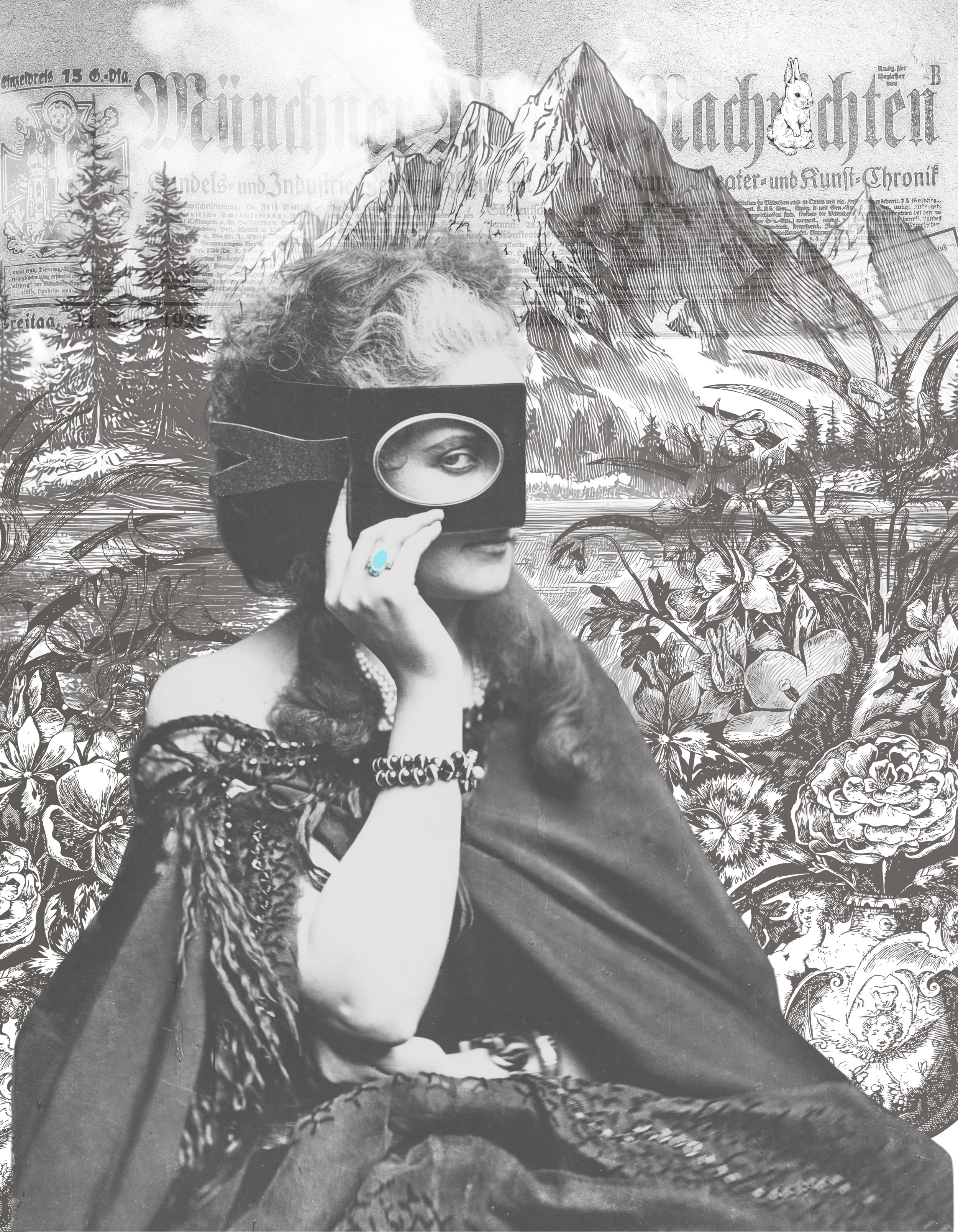 A collage of black and white vintage elements, including a woman in vintage attire holding a magnifying glass with one eye visible through it, a mountain range, pine trees, flowers, a newspaper, and a rabbit illustration in the background.