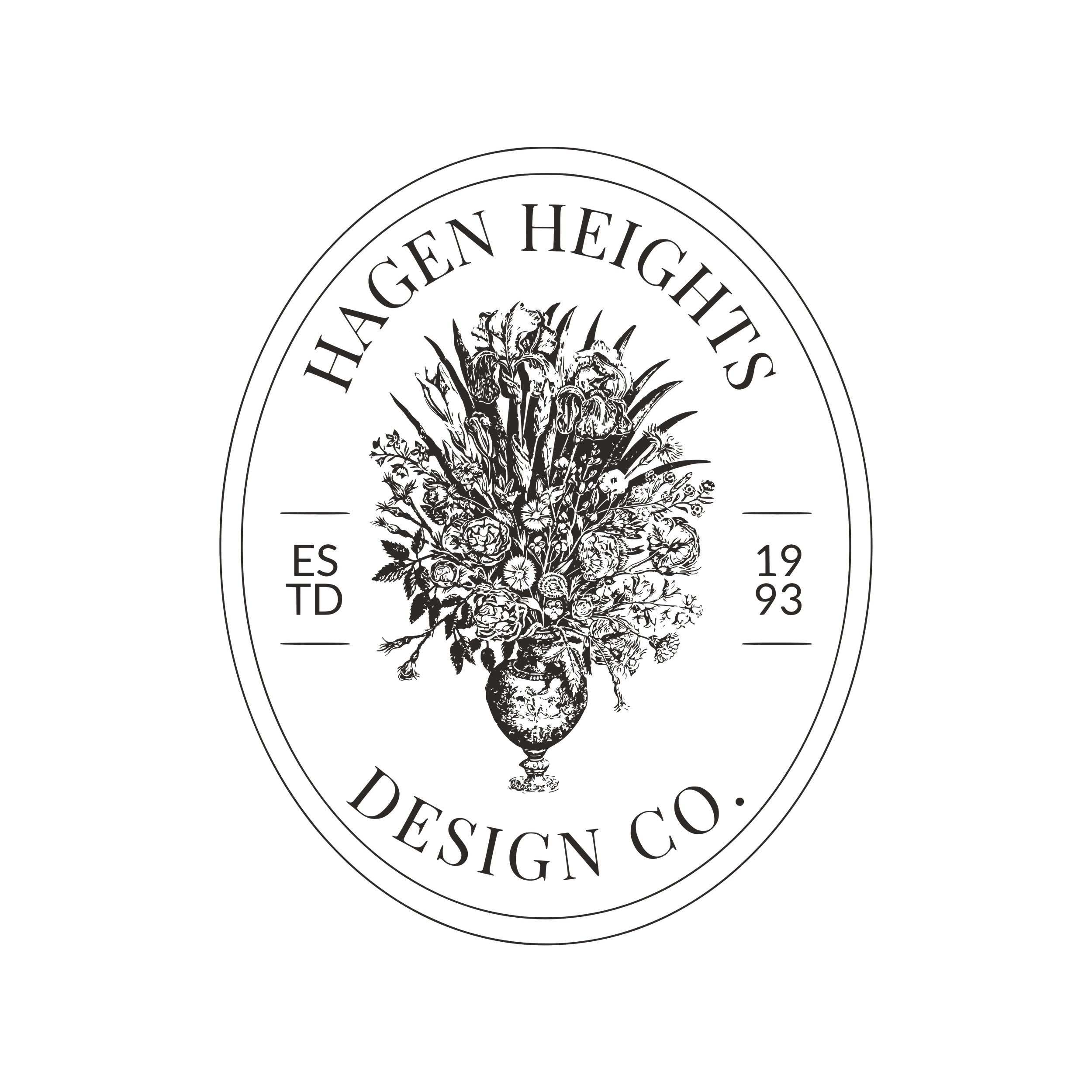 Design logo featuring a vase with a large bouquet of flowers, encircled by text reading "Hagen Heights Design Co." with