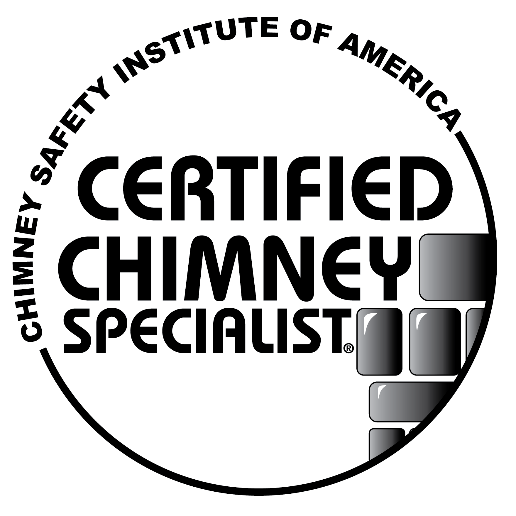 Certified chimney specialist badge with text and black and gray tiles.