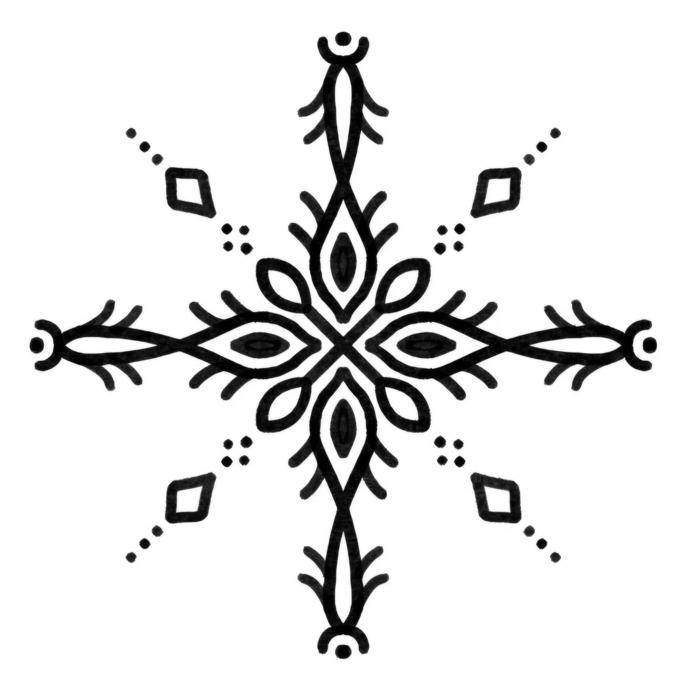 Schwarzes, symmetrisches Schneeflockenmuster auf weißem Hintergrund.