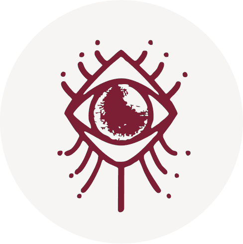 Symbol eines Auges mit einer Weltkarte in der Mitte, umgeben von Linien und Punkten.