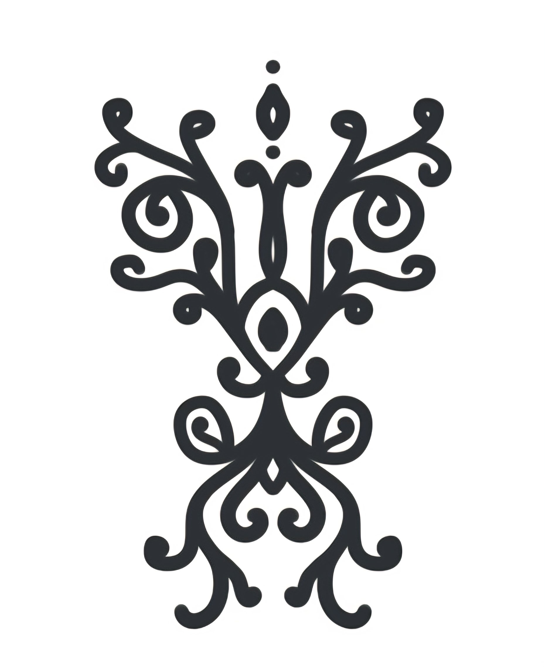 Schwarzes, kunstvolles Ornament mit floralen Motiven auf weißem Hintergrund.