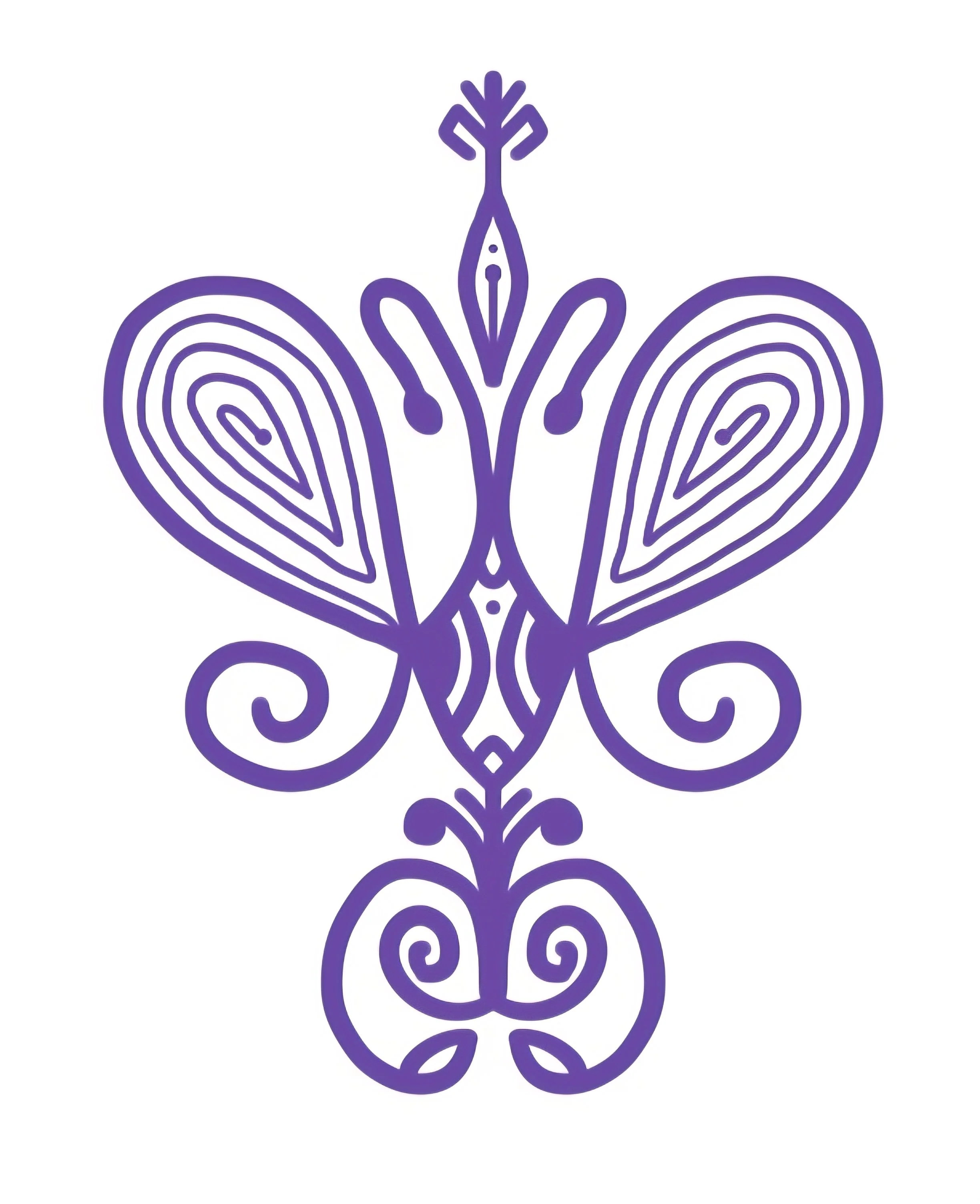 Eine abstrakte, symmetrische, lila Schmetterlingszeichnung mit geschwungenen Linien auf weißem Hintergrund.