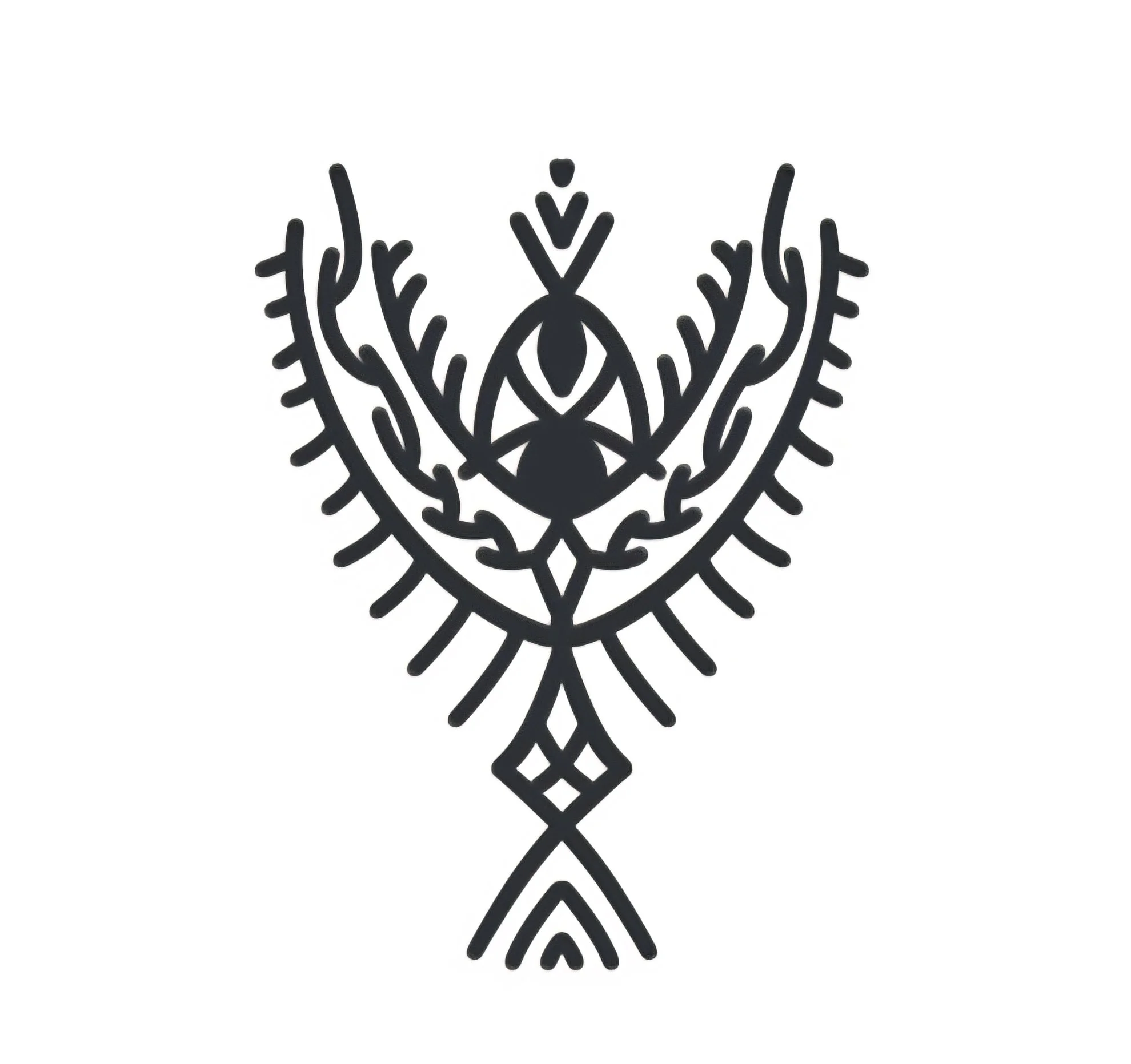 Schwarz-weiß abstraktes tribalartiges Muster mit symmetrischen Linien und Formen.