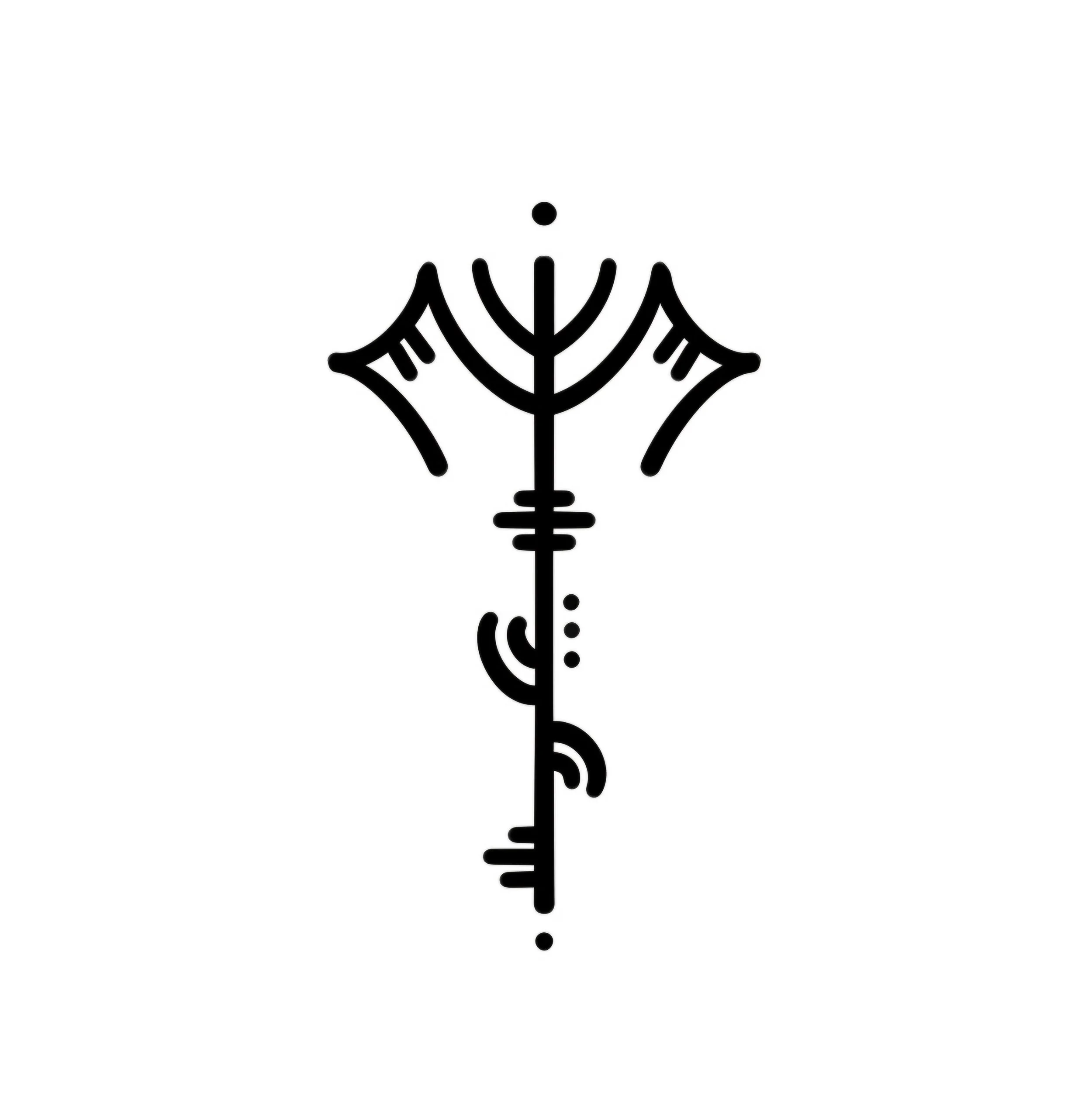 Ein schwarzes, geometrisches Symbol auf weißem Hintergrund, das an einen Schlüssel mit dekorativen Elementen erinnert.