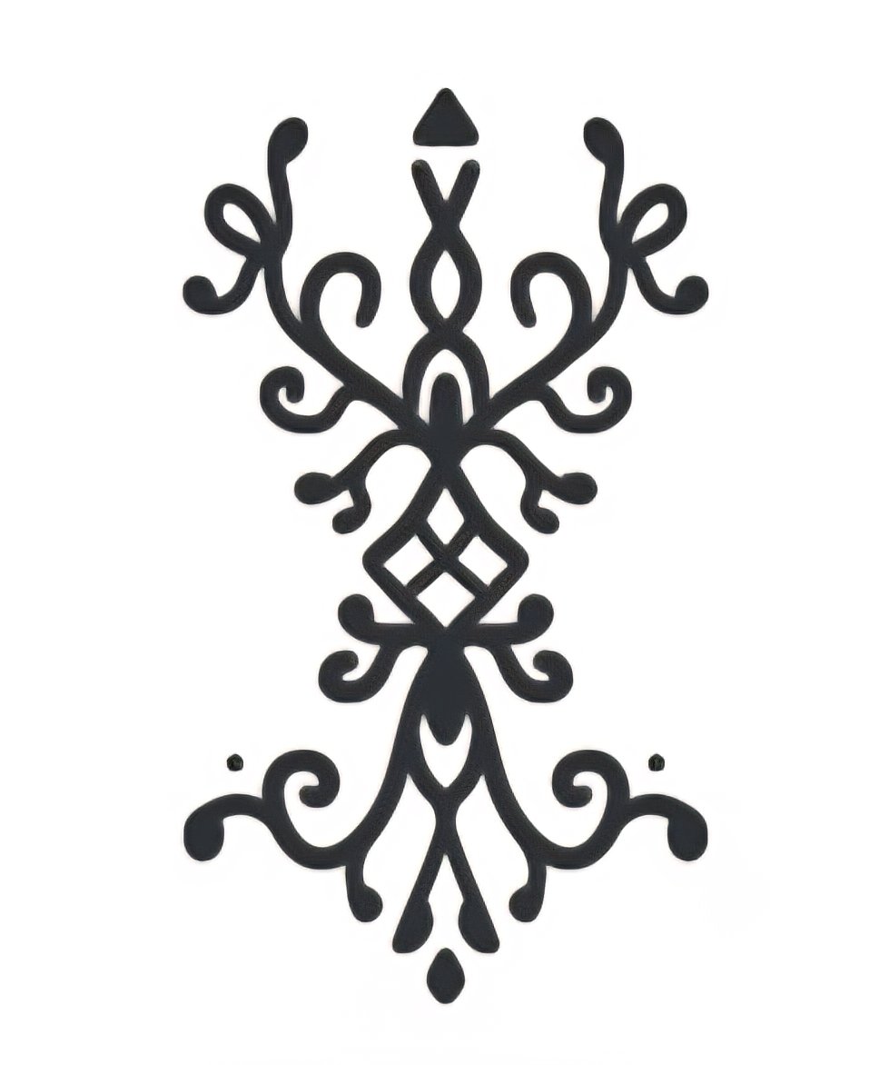 Schwarzes dekoratives Metallstück mit symmetrischem, filigranem Design auf weißem Hintergrund.