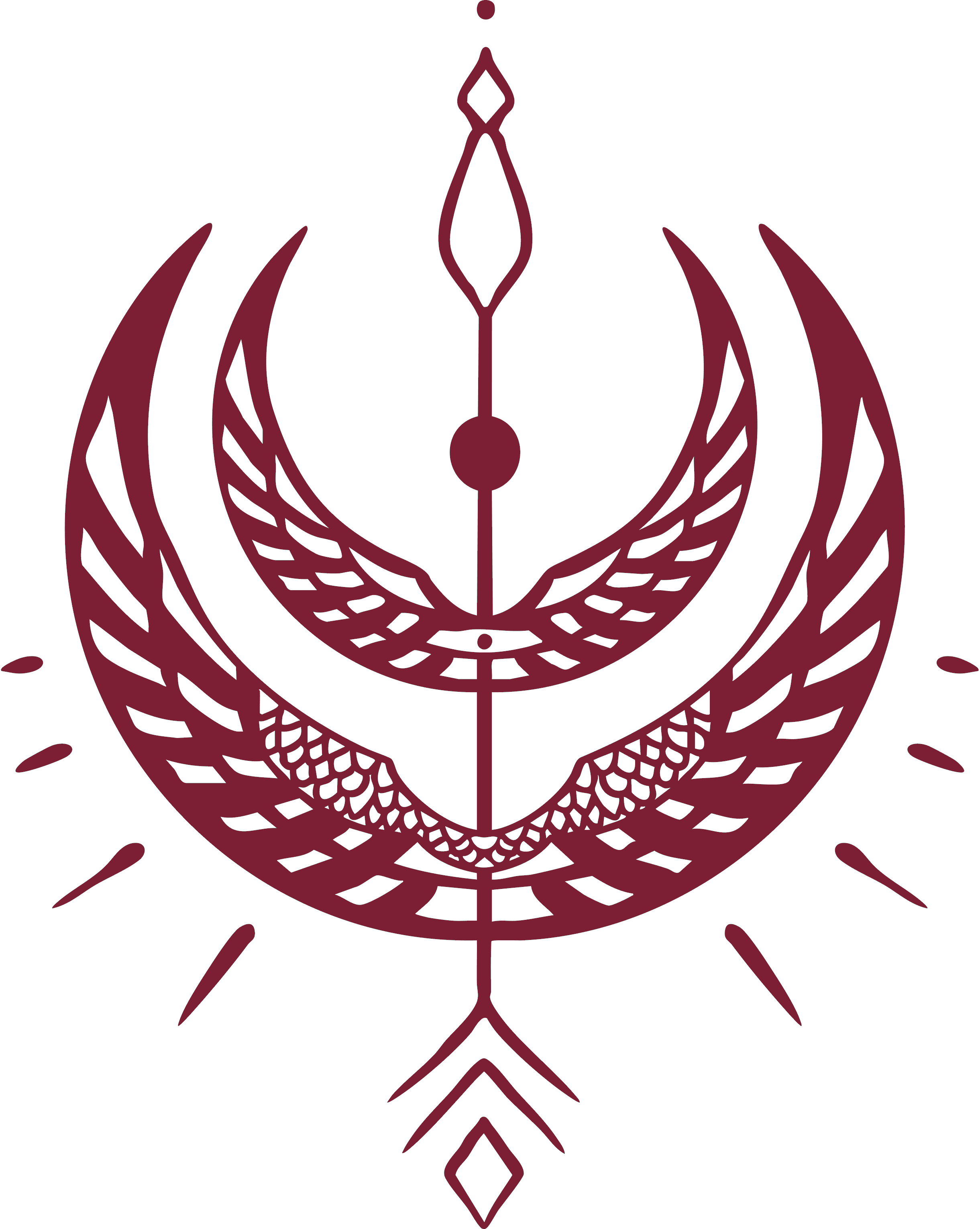 Ein stilisiertes, geometrisches Design mit Federn, Linien und einem zentralen Punkt, in dunklem Rot auf schwarzem Hintergrund.