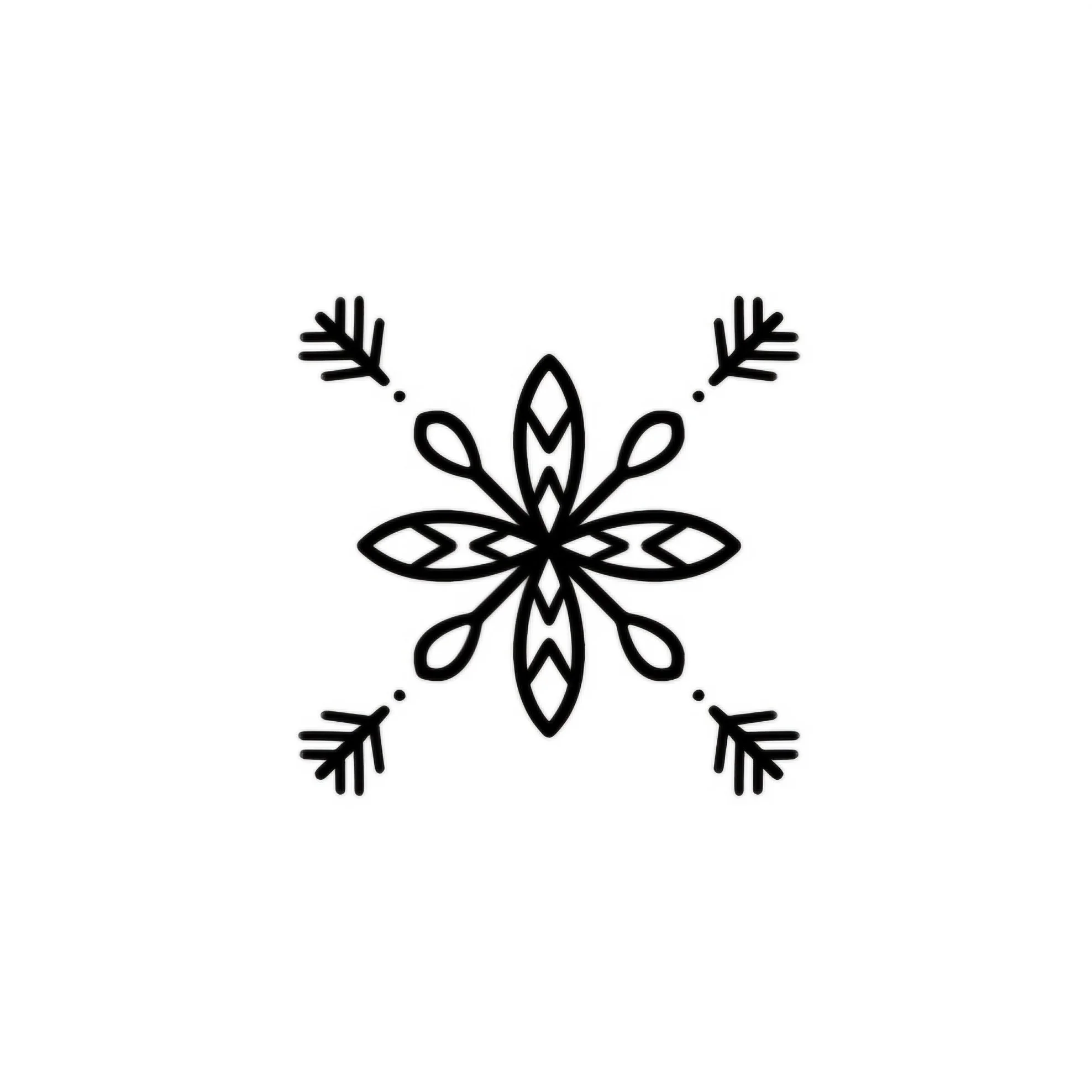 Schneeflocke mit verzweigten Ästen und Blättern, stilisiert und schwarz-weiß.