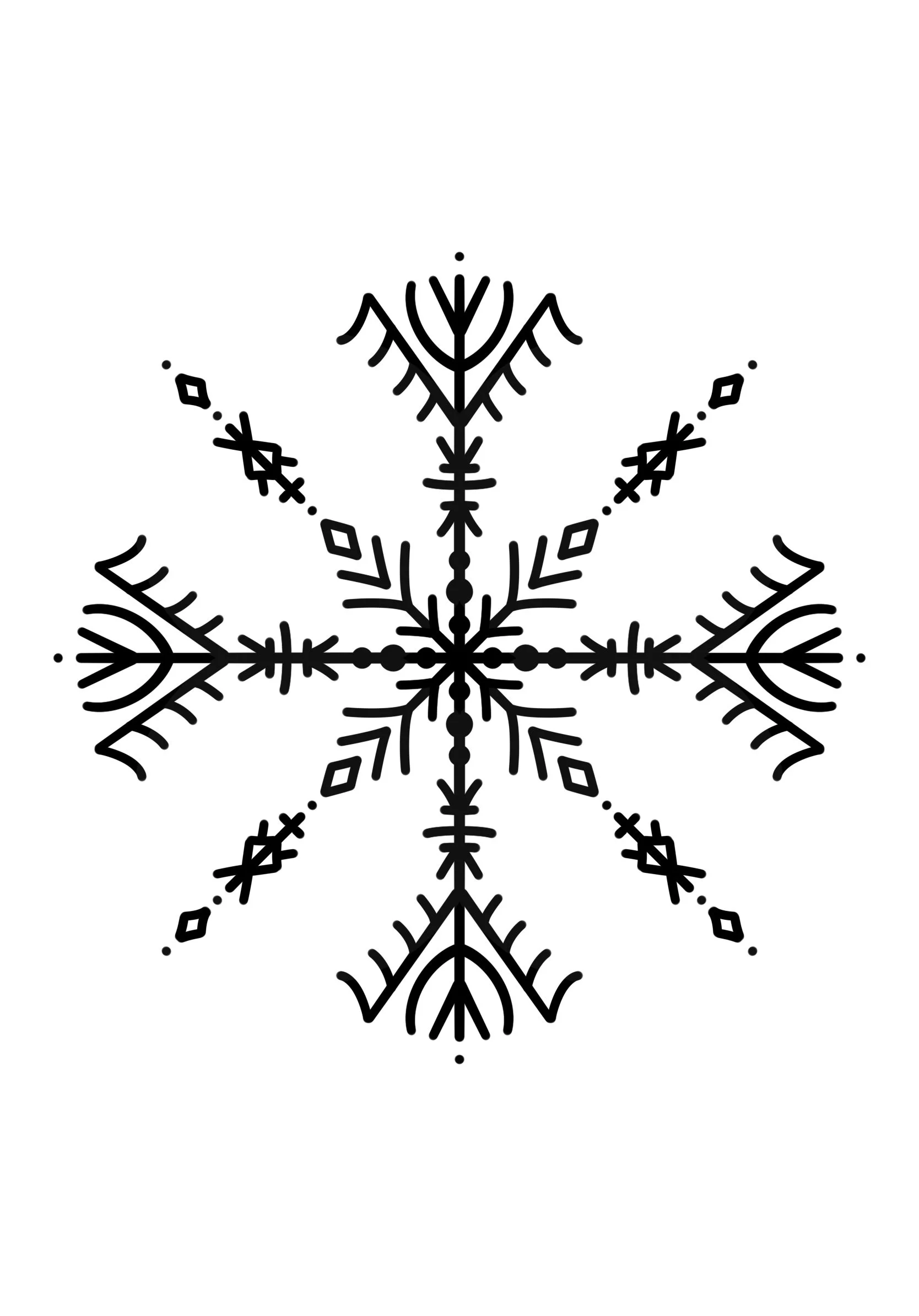 Schwarz-weiße Schneeflocke mit geometrischem Muster auf weißem Hintergrund.