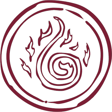 Ein abstraktes Logo mit spiralförmigem Design und Flammenmustern in Lila auf schwarzem Hintergrund.