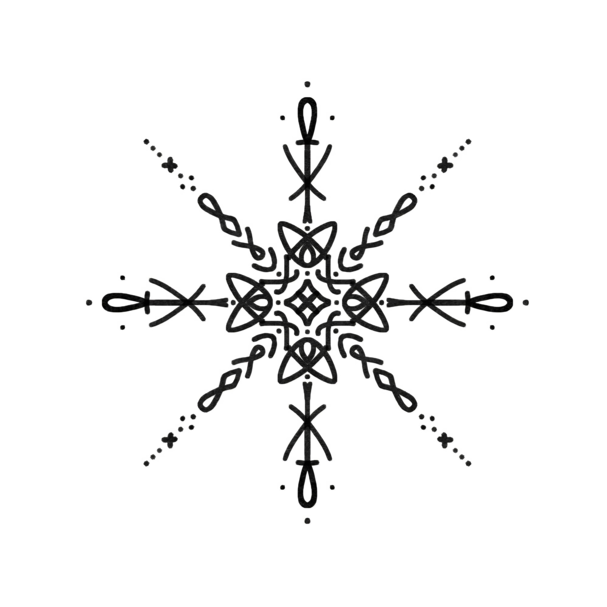 Schneeflocke mit filigranem, symmetrischem, verzerrtem Muster in Schwarz auf weißem Hintergrund.