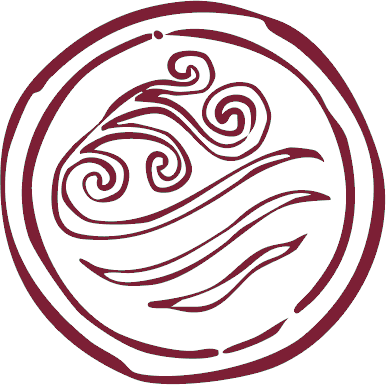 Ein kreisförmiges Logo mit stilisierten Wellen und Spiralen, vermutlich ein Symbol für Wasser oder Wind.