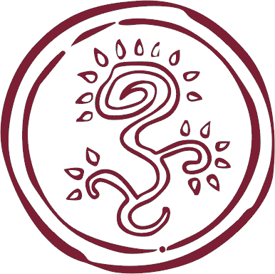 Kreise mit einer Schlange in der Mitte, umgeben von kleinen Tropfen oder Blättern, in dunkler Rot- und Lila-Farbgestaltung.