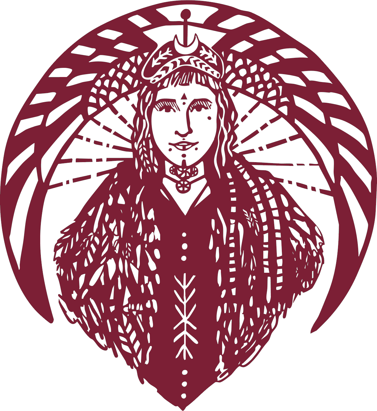 Illustration einer mystischen Figur mit auffälligem Schmuck, Kopfbedeckung und einer Umarmung aus Federn oder Ästen, mit einem Pfeil über dem Kopf.