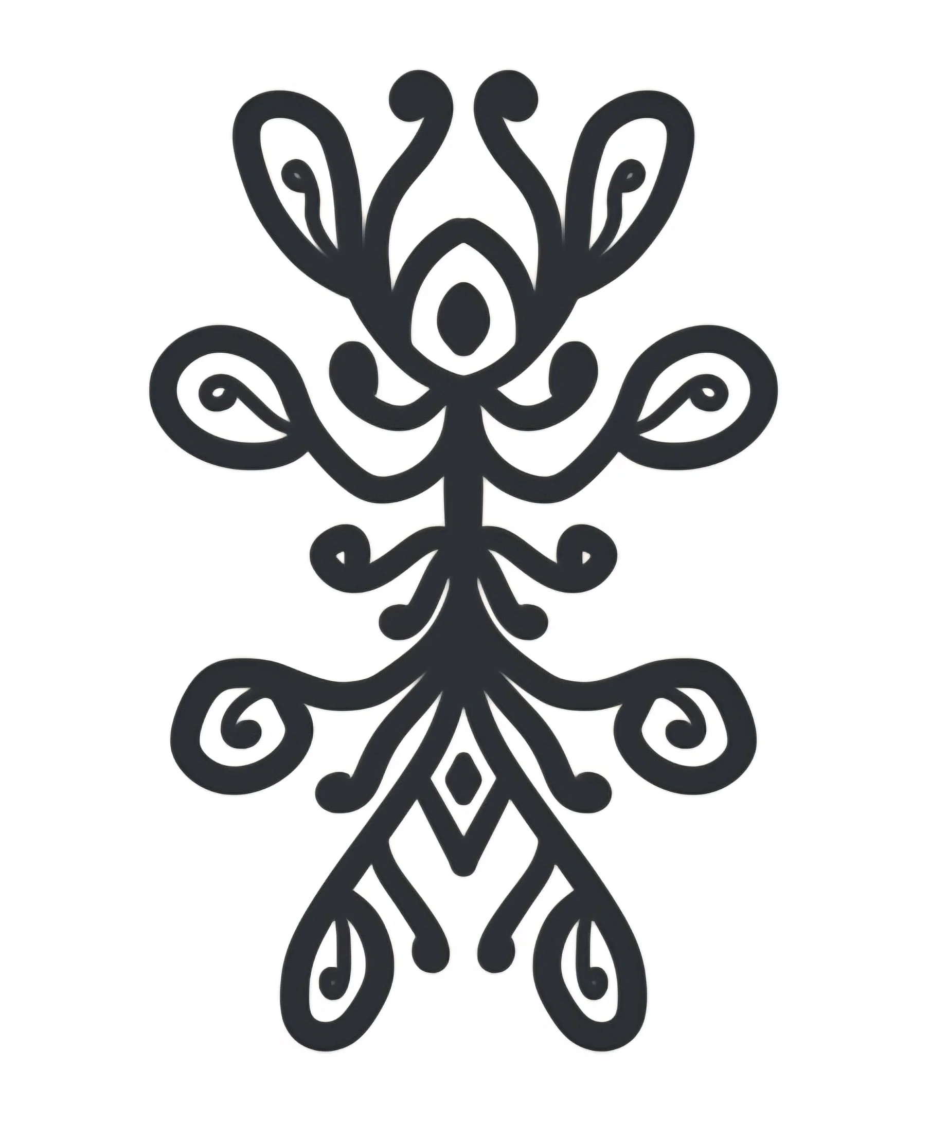 Schwarzes, abstraktes Ornament mit symmetrischem Design auf weißem Hintergrund.
