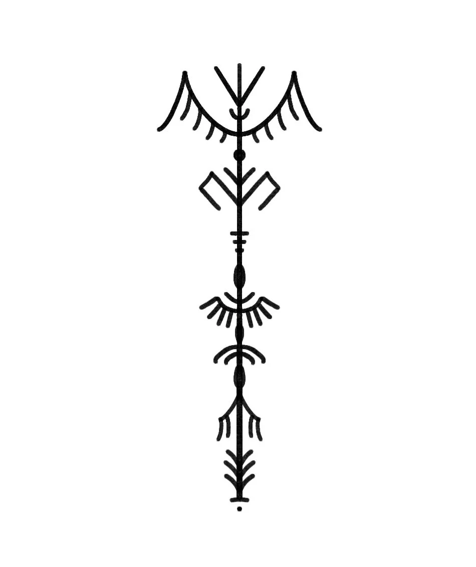 Schwarz-weiß, geometrisches Tattoo-Design mit Linien und Mustern, symmetrisch, vertikal ausgerichtet.