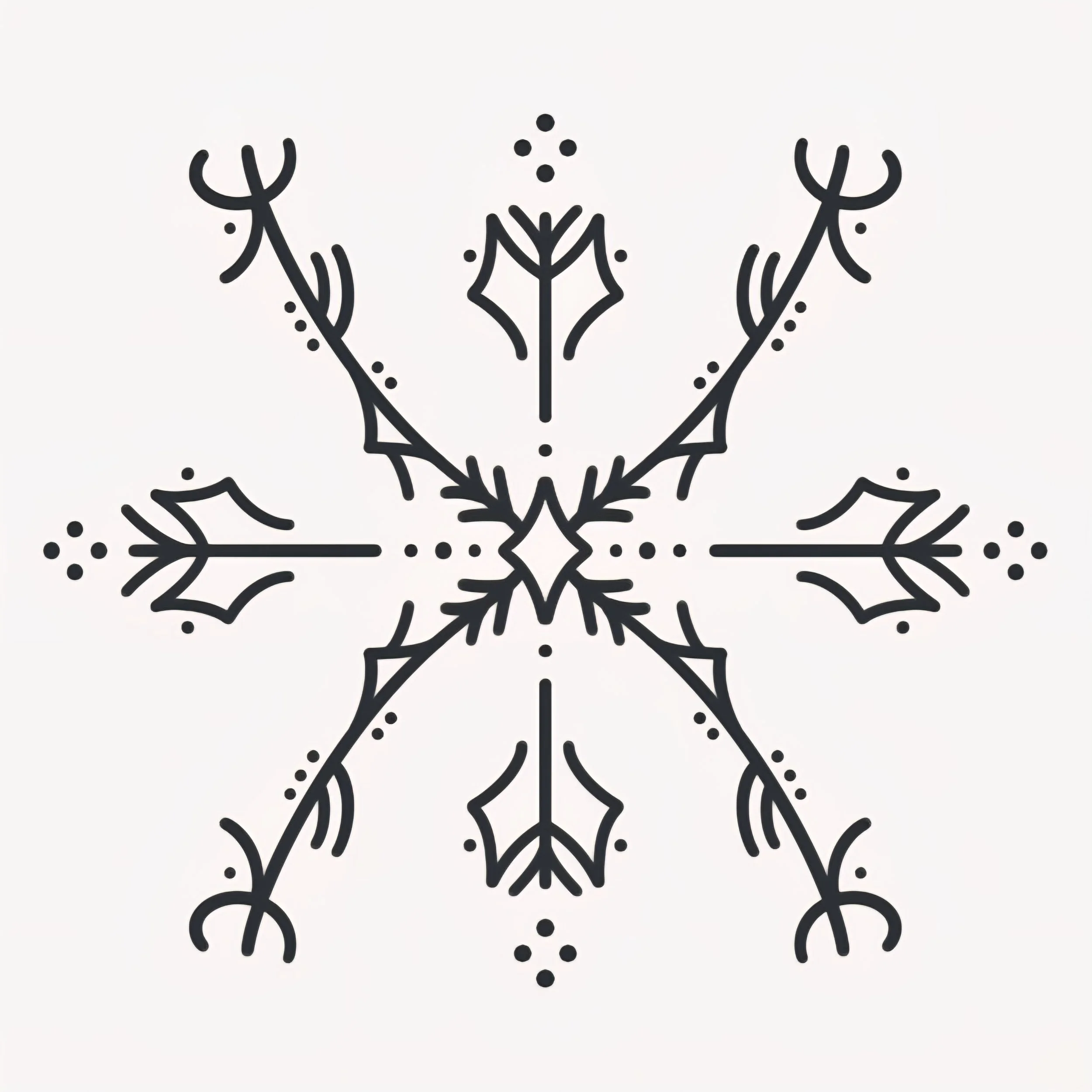 Schneeflocke in winterlichem Design, schwarz auf weißem Hintergrund.