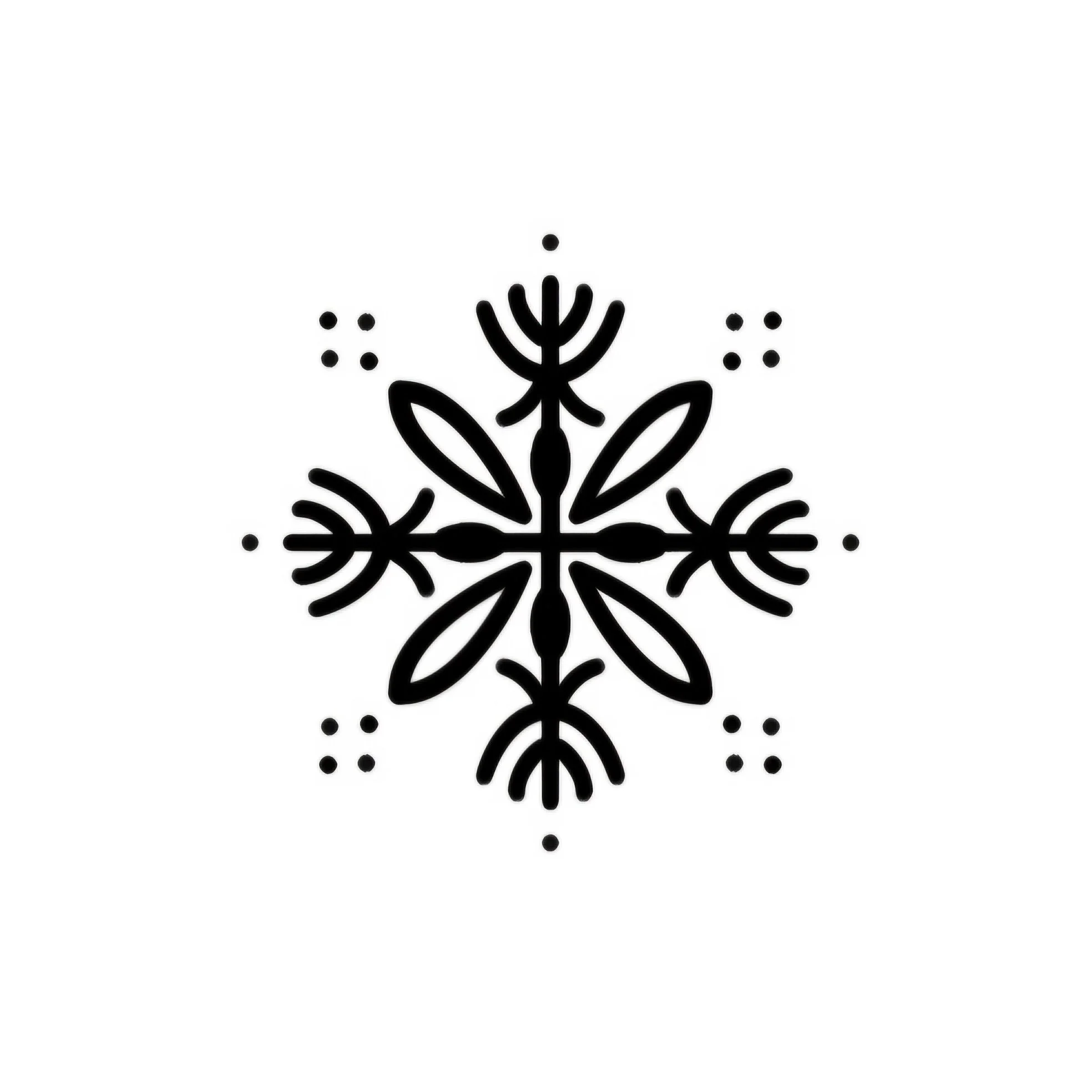 Schwarz-weiße Schneeflocke mit vier symmetrischen Zweigen und kleinen Details auf weißem Hintergrund.