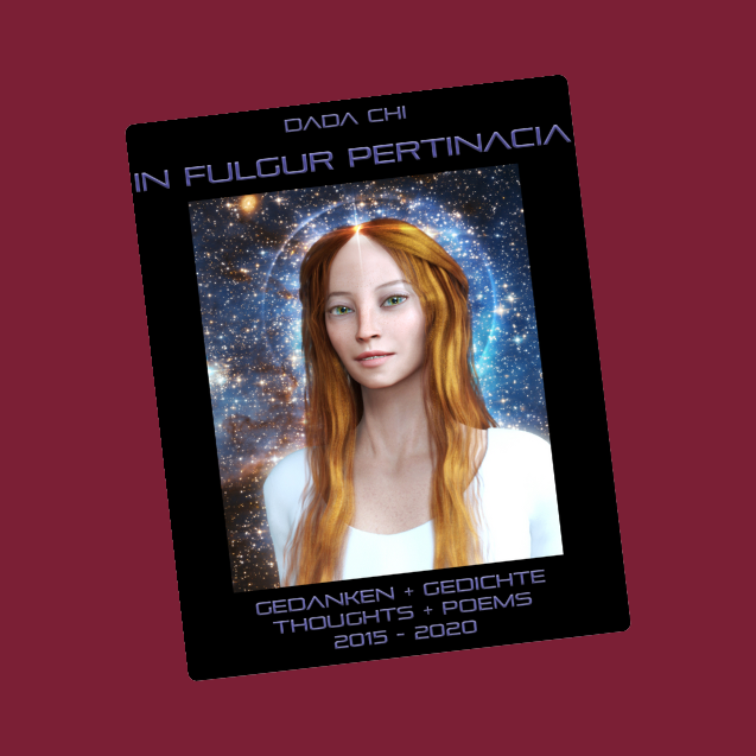 Buchcover mit einem Porträt einer roten-haired jungen Frau vor einem Hintergrund aus Sternen und Galaxien, mit schwarzen Rahmen und blauen Text auf Deutsch und Englisch.