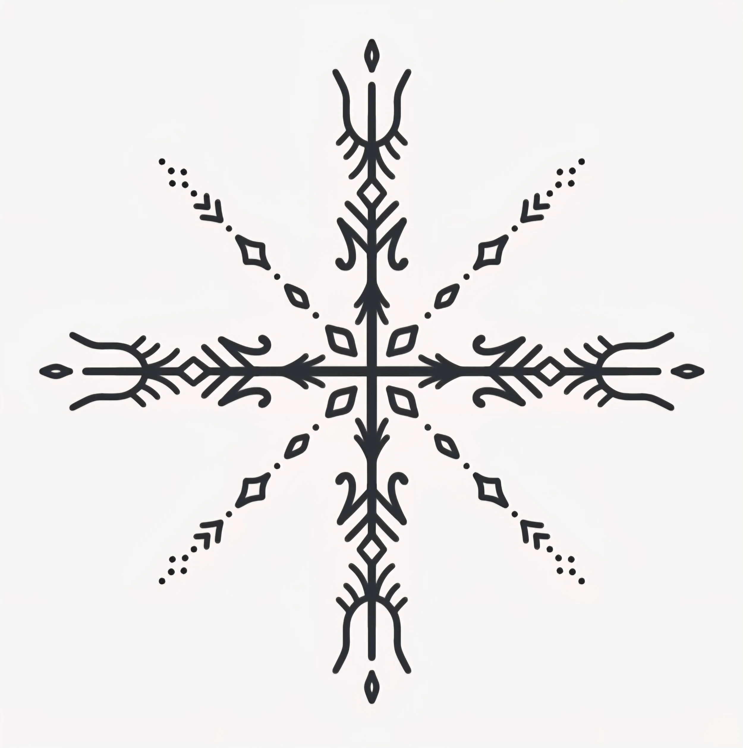 Schneeflocke mit symmetrischem, filigranem Muster in schwarz auf weißem Hintergrund.