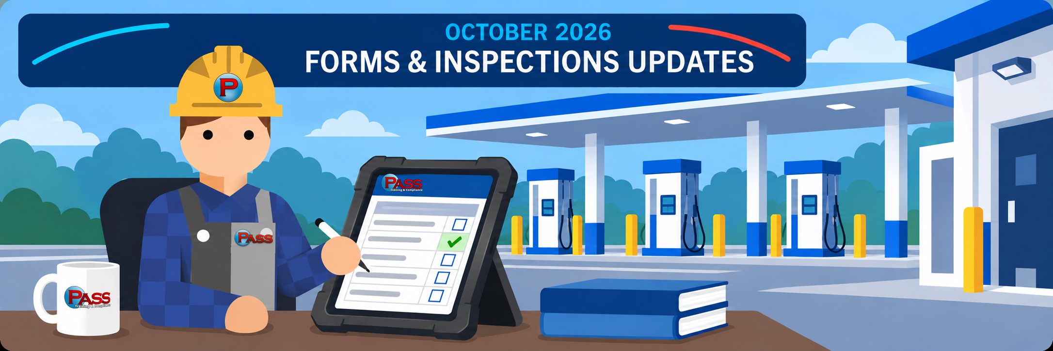 Technician Richard at a desk writing with a stylus on a rugged tablet standing on its kickstand, the forecourt outside, under the band October 2026 Forms and Inspections Updates