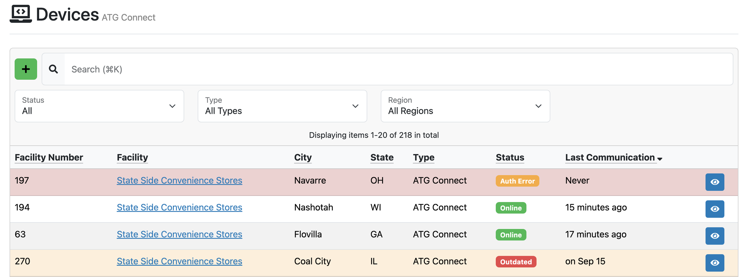 PASS ATG Connect device list flagging online and outdated gauges across demo stores