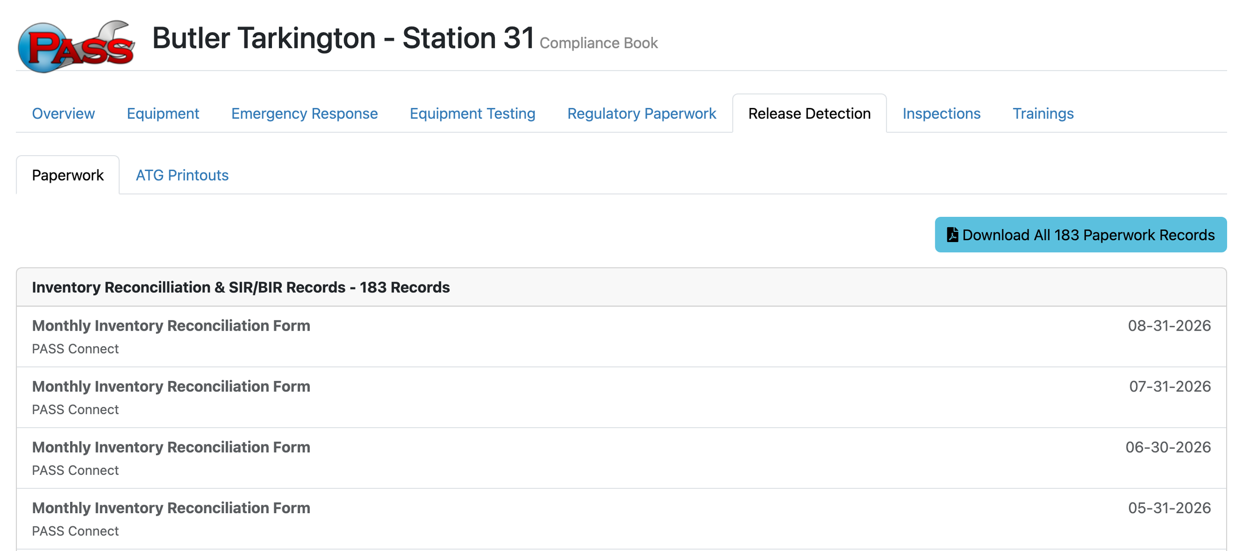 PASS Compliance Book listing monthly inventory reconciliation records from PASS Connect for a demo station