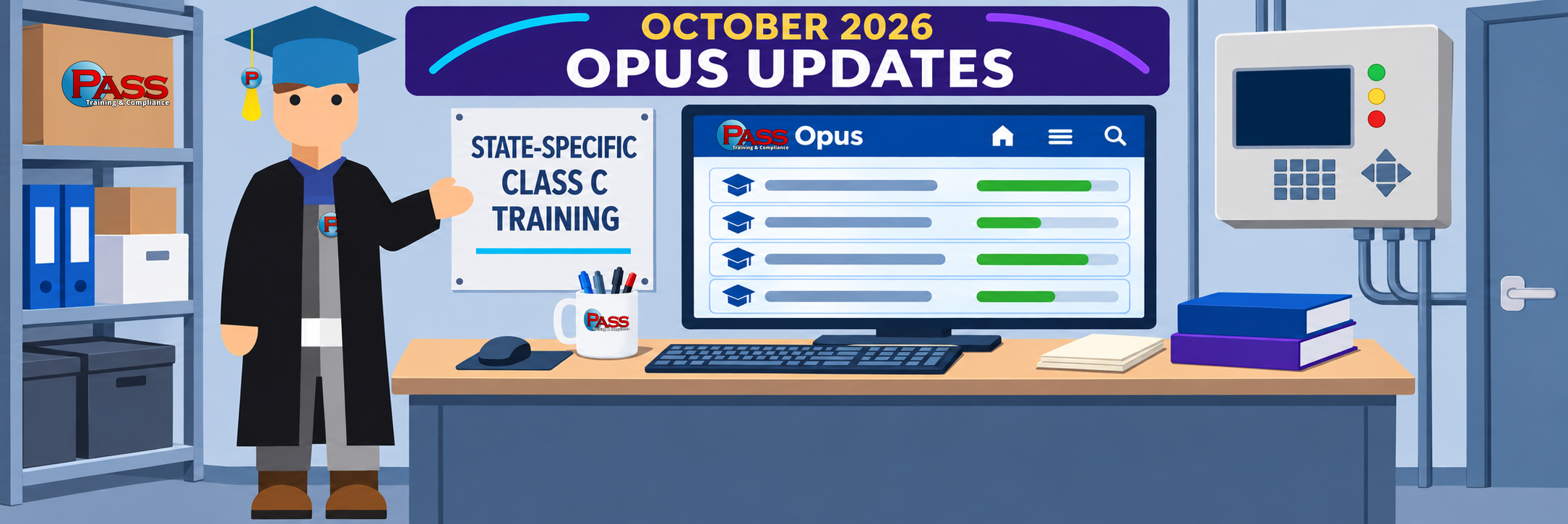 Professor Richard standing beside a desk, gesturing at a sign reading State-Specific Class C Training, a PASS Opus course screen on the monitor, under the band October 2026 Opus Updates
