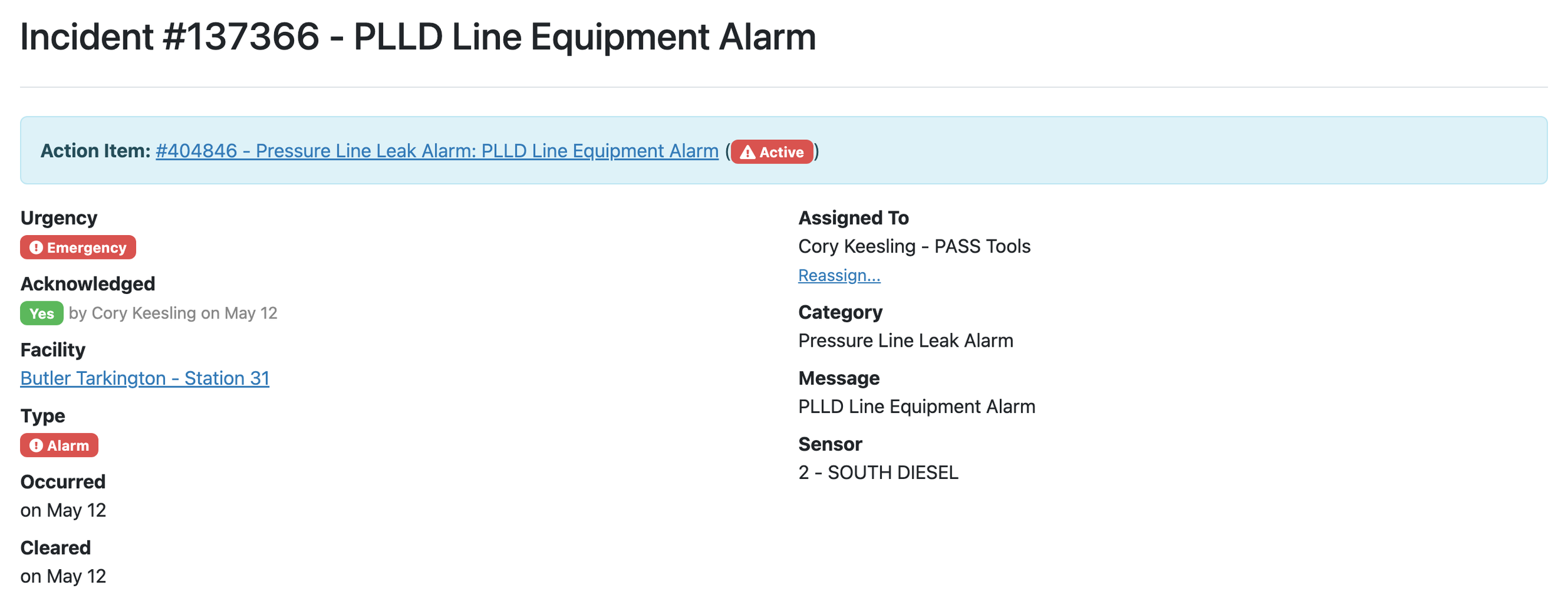 PASS incident page tracking an acknowledged emergency line leak alarm at a demo station