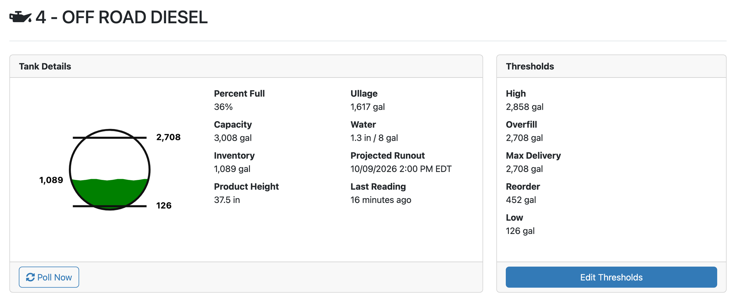 PASS tank page showing inventory, water level and projected runout for a demo diesel tank