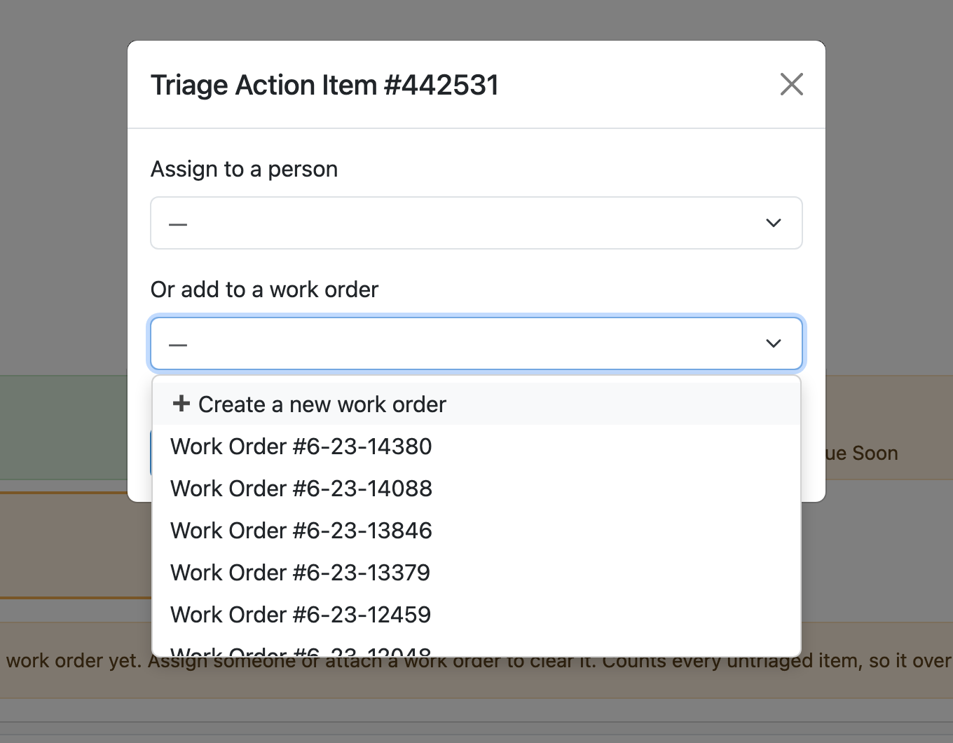 PASS triage window sending a demo action item to a person or a work order