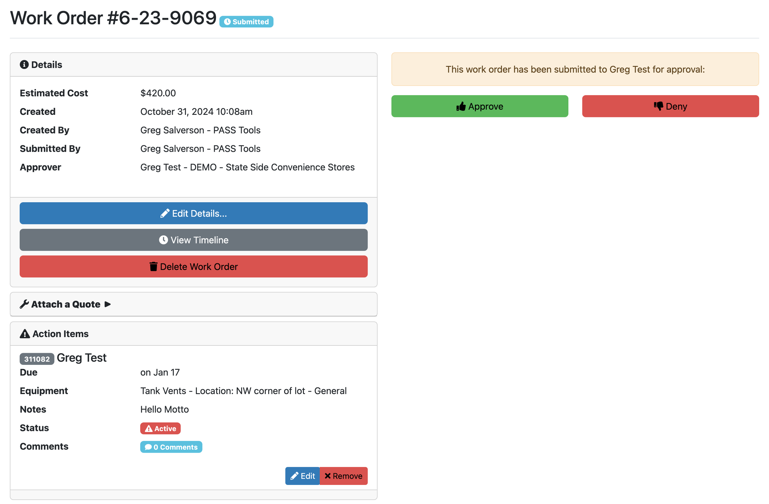 PASS work order waiting on a demo customer's approval with its estimated cost