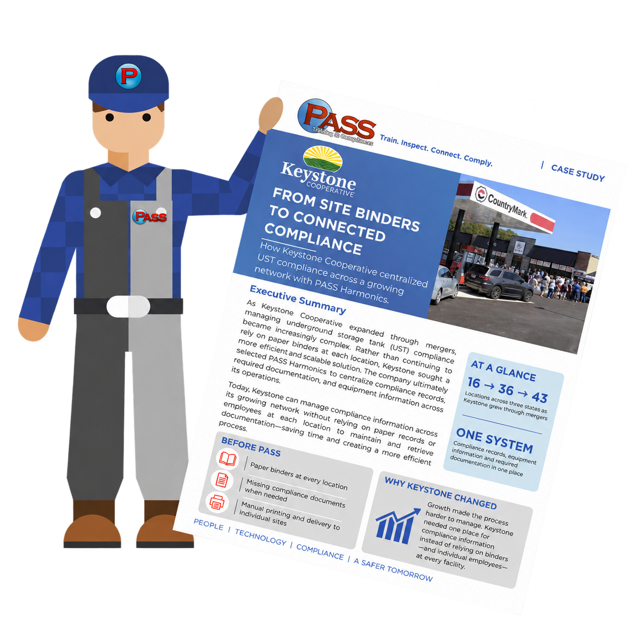 PASS technician holding the Keystone Cooperative case study, From Site Binders to Connected Compliance
