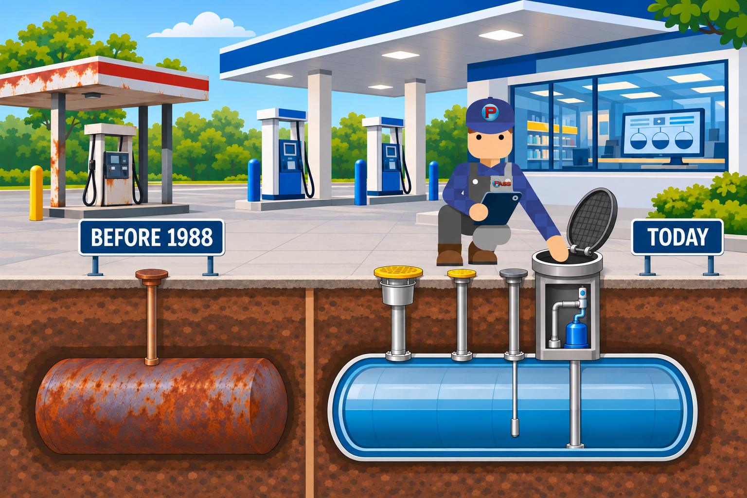 A gas station cutaway below ground. Before 1988: a rusty single-wall steel tank with only a capped fill pipe. Today: a blue double-walled tank with spill bucket, overfill valve, probe, sump and pump. Richard checks the modern tank's open manway.