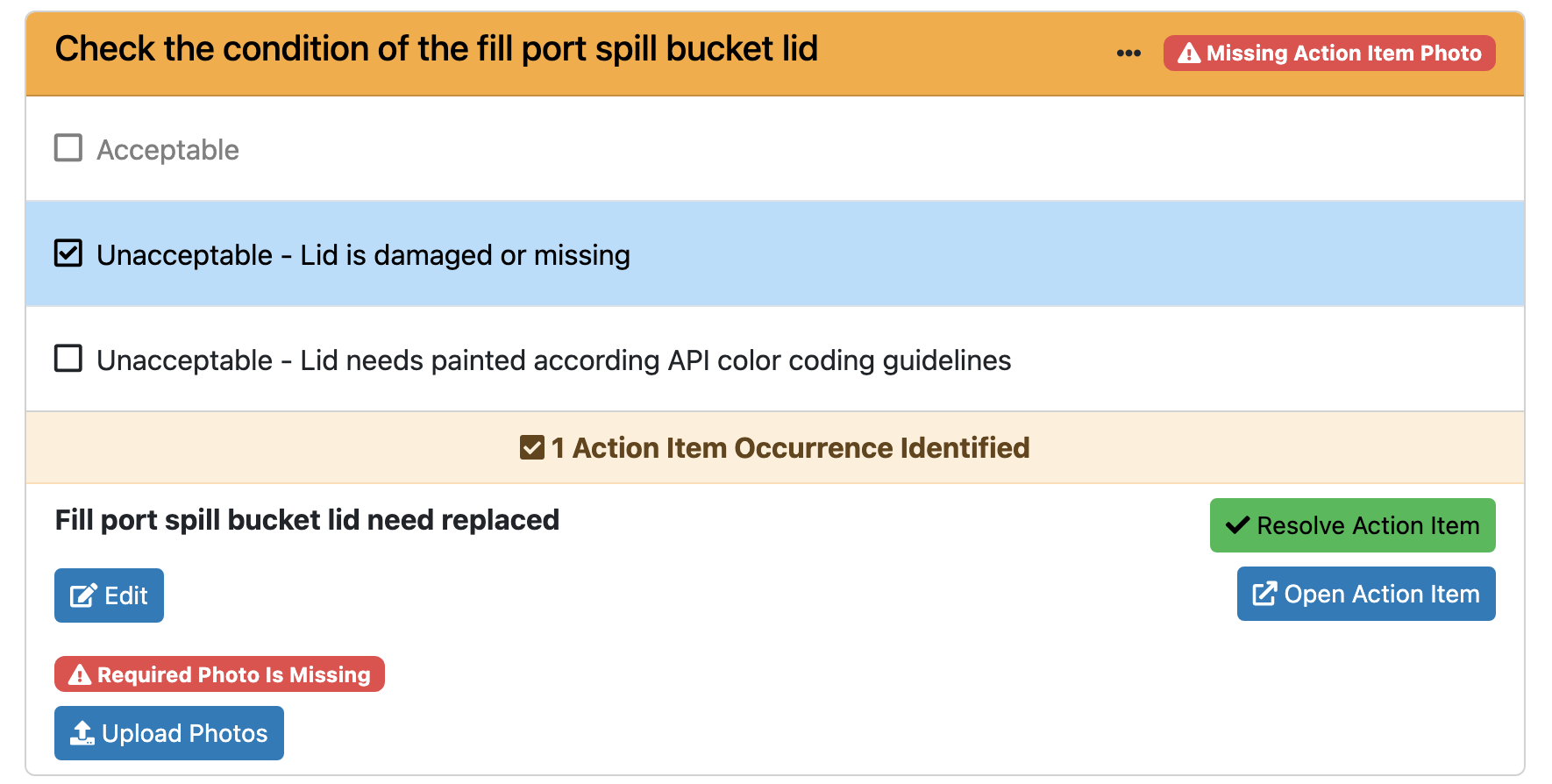 PASS inspection question creating an action item for a damaged spill bucket lid, with a required photo flagged