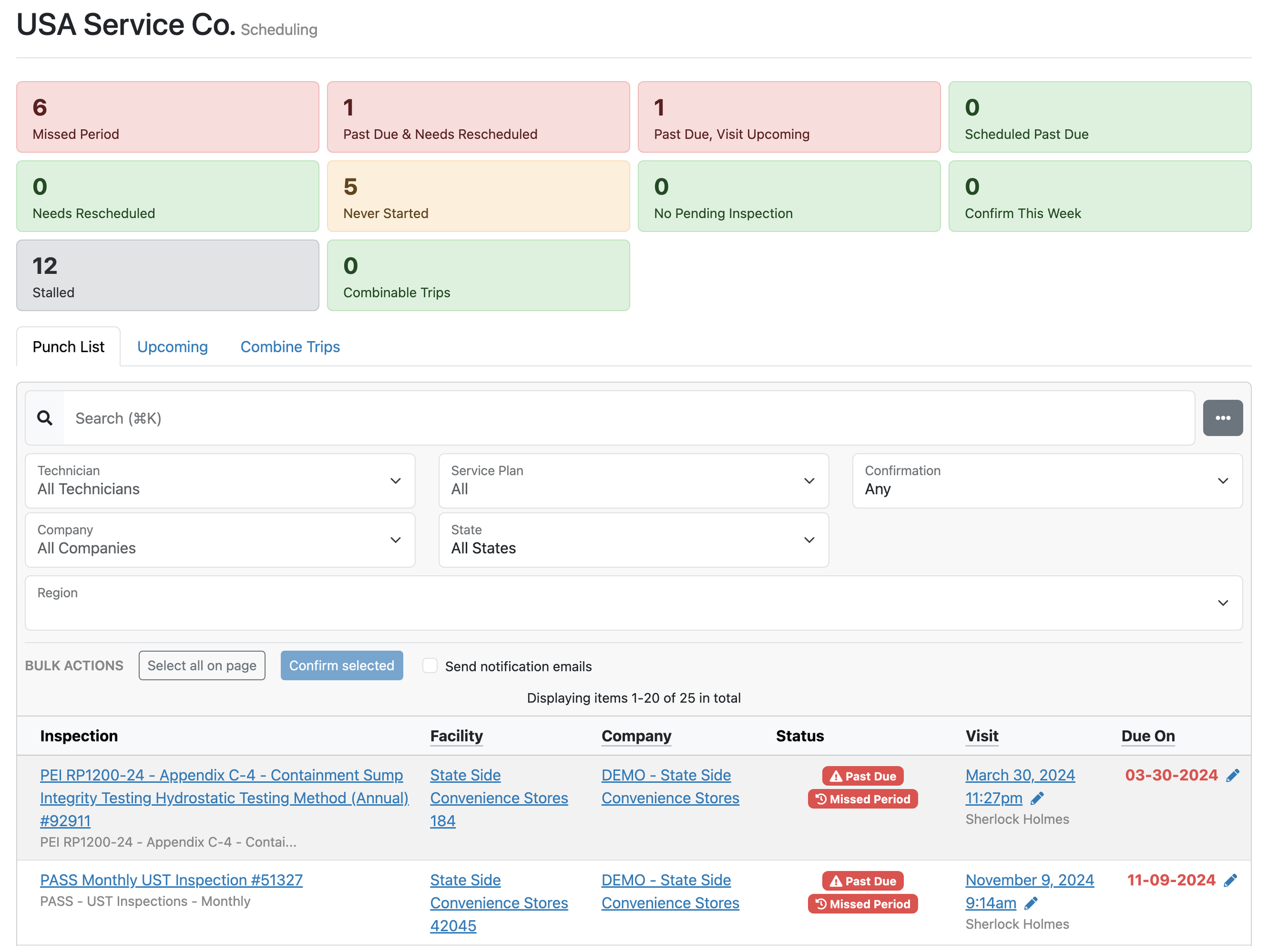PASS Scheduling punch list ranking a demo service provider's late and unstarted inspections