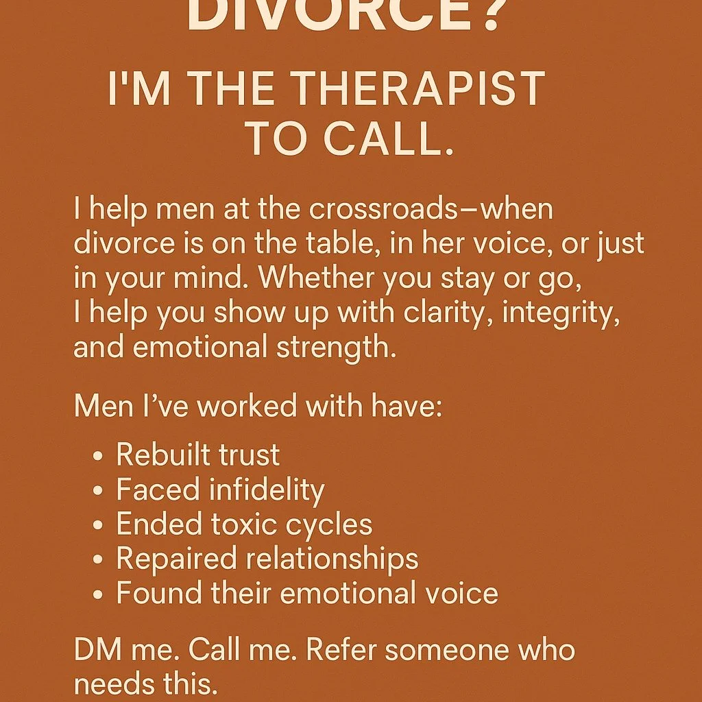 You don&rsquo;t have to figure this out alone.
When divorce is looming or even just quietly lingering in the back of your mind, it can be one of the most disorienting, emotionally charged moments in a man&rsquo;s life.

I help men get their feet on t