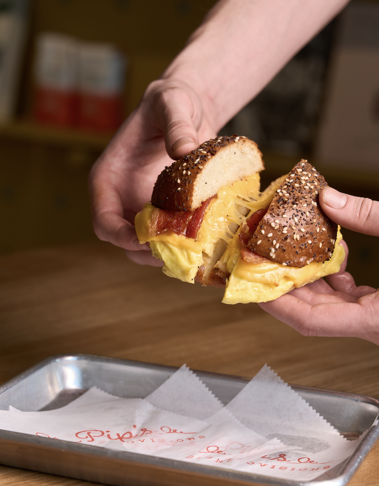 Our famous bacon, egg, and cheese (BEC) sandwich from Pip's Cafe & Provisions in Greenport on the North Fork of Long Island—served on freshly baked homemade bread. Perfect for a hearty breakfast or a satisfying lunch.