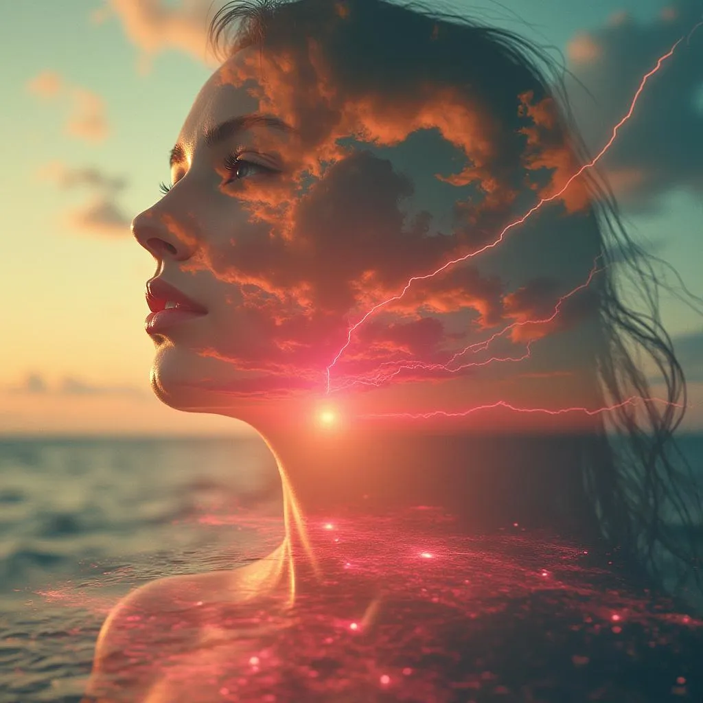 Eine Frau mit nassem Haar, die an einem Meer steht, mit einer Overlays von Wolken, Blitzschlägen und Licht, die eine mystische Atmosphäre schaffen.